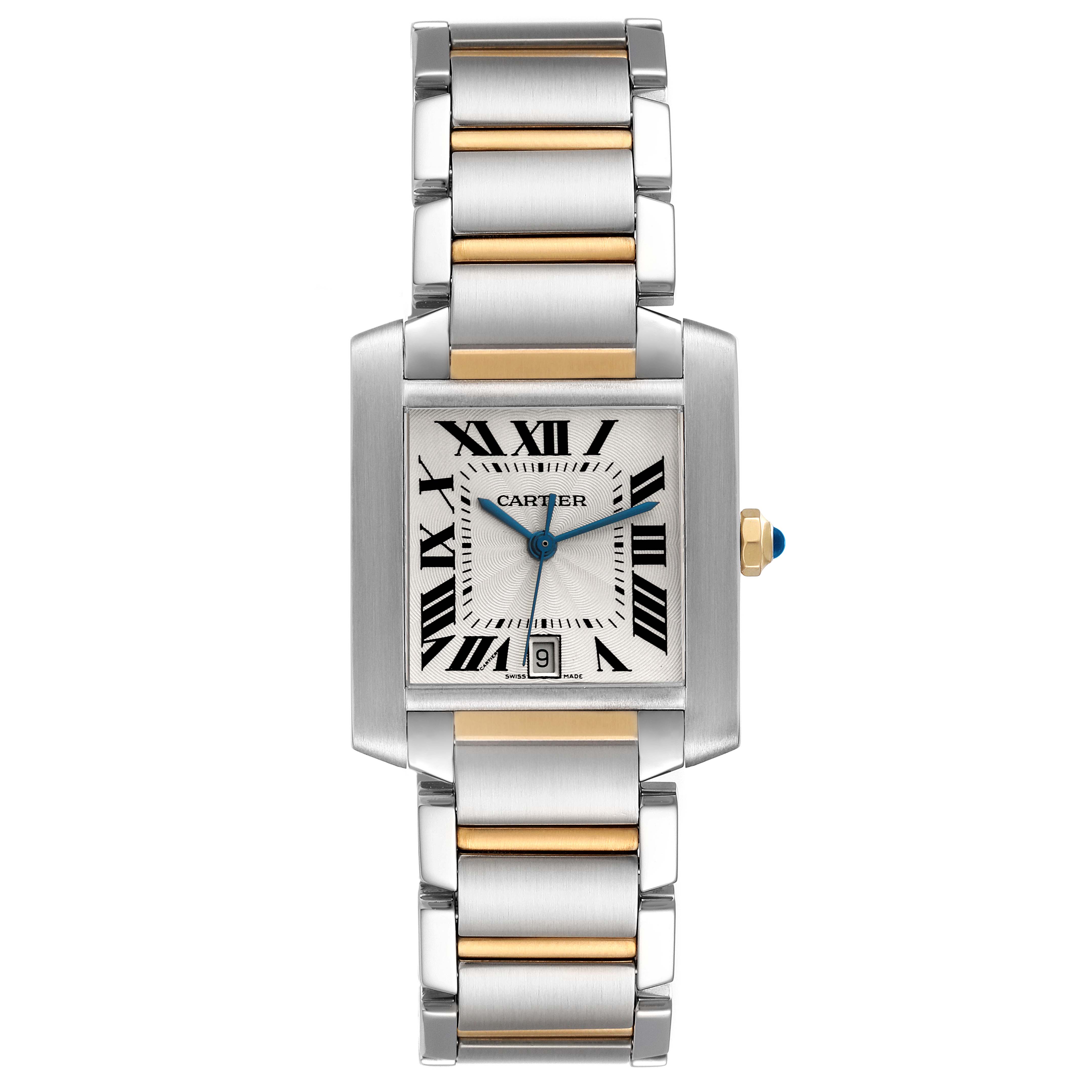 The image shows a front view of a Cartier Tank Française watch, highlighting its rectangular case, stainless steel and gold bracelet, and Roman numeral dial.