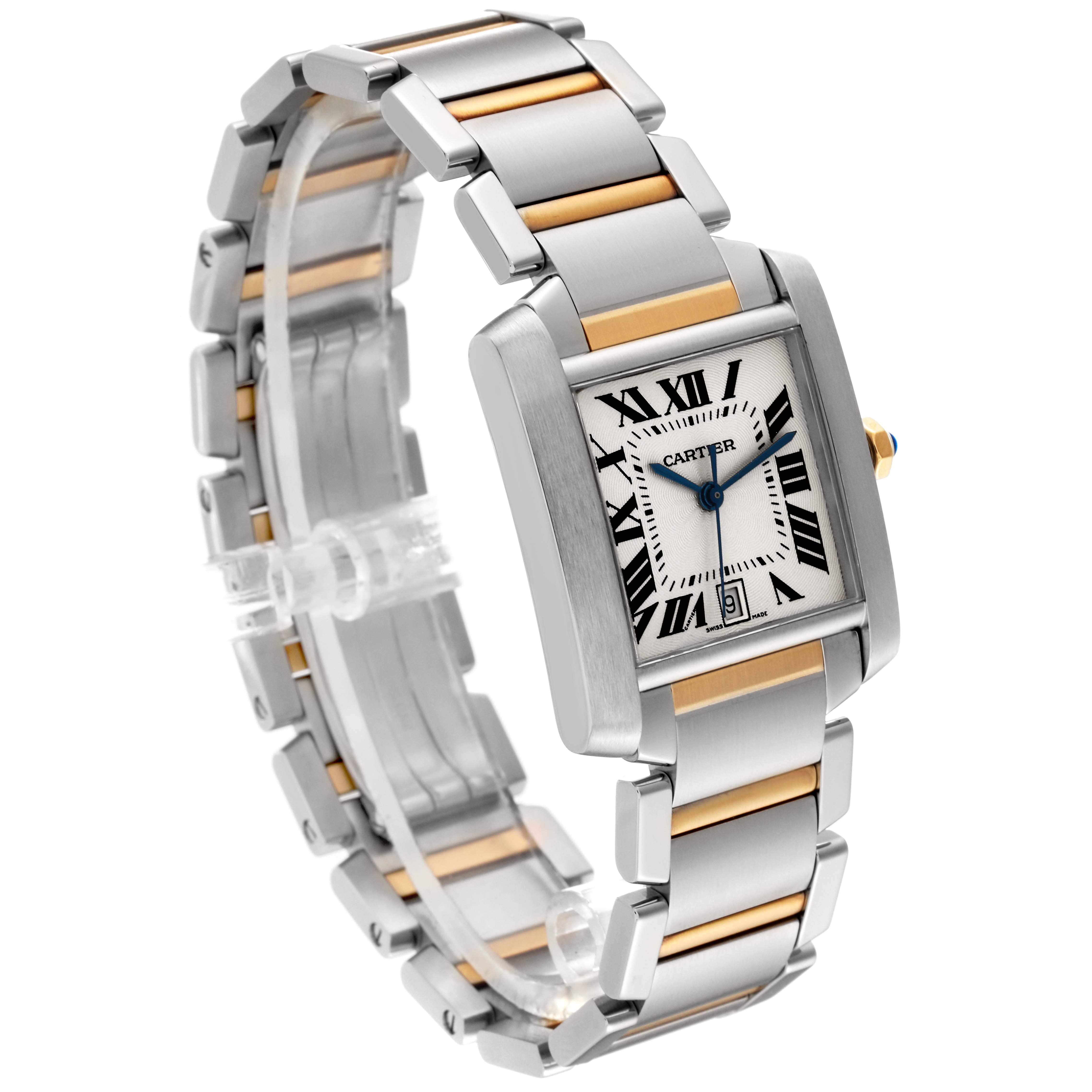 The image shows a Cartier Tank Francaise W51005Q4 Men's Steel and Gold (two tone) Silver Dial W51005Q4 Men's Steel and Gold (two tone) Silver Dial watch at a three-quarter view, highlighting the face, band, and bracelet links.