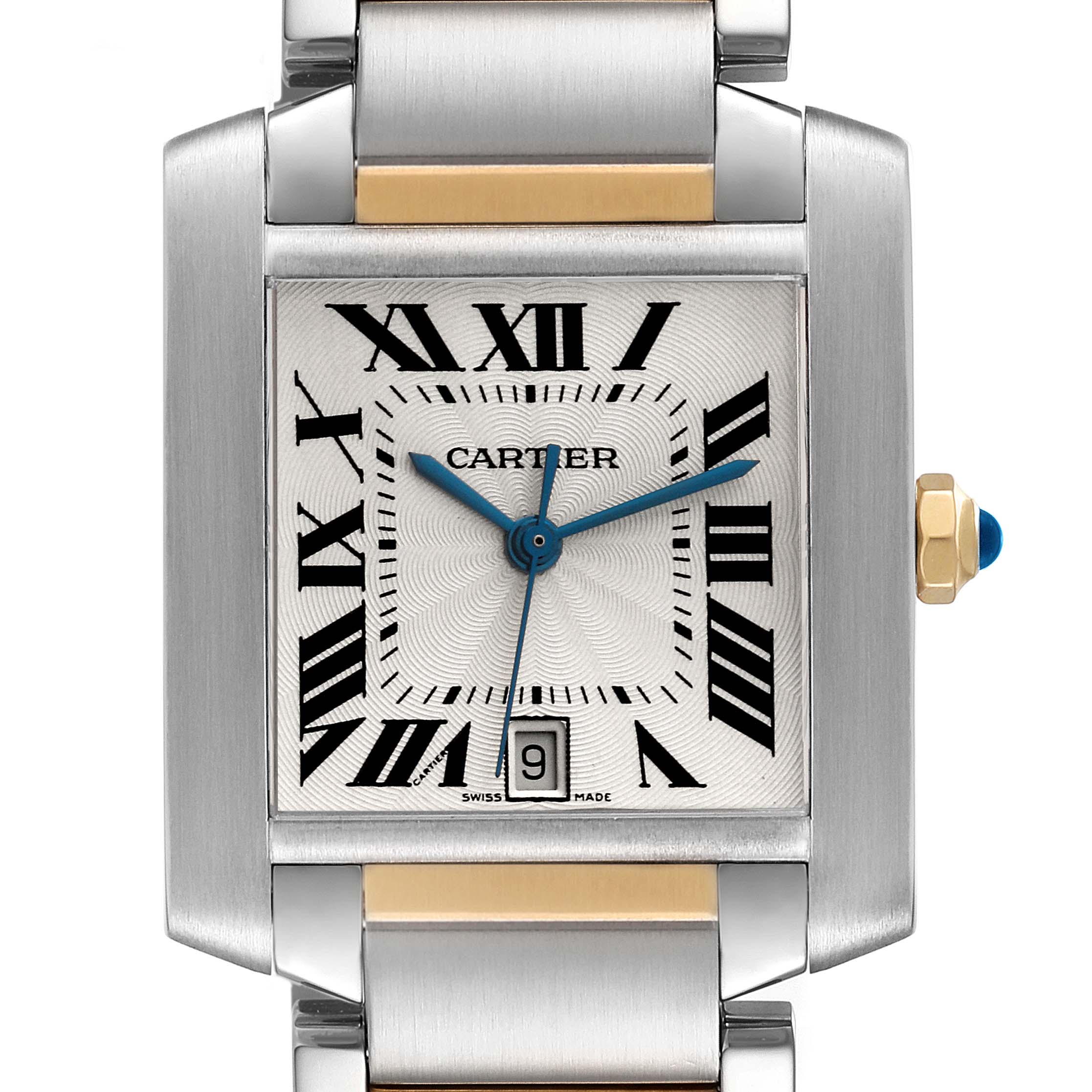The image shows a close-up, front view of the Cartier Tank Francaise W51005Q4 Men's Steel and Gold (two tone) Silver Dial W51005Q4 Men's Steel and Gold (two tone) Silver Dial watch, highlighting the dial, hands, Roman numerals, and date feature.