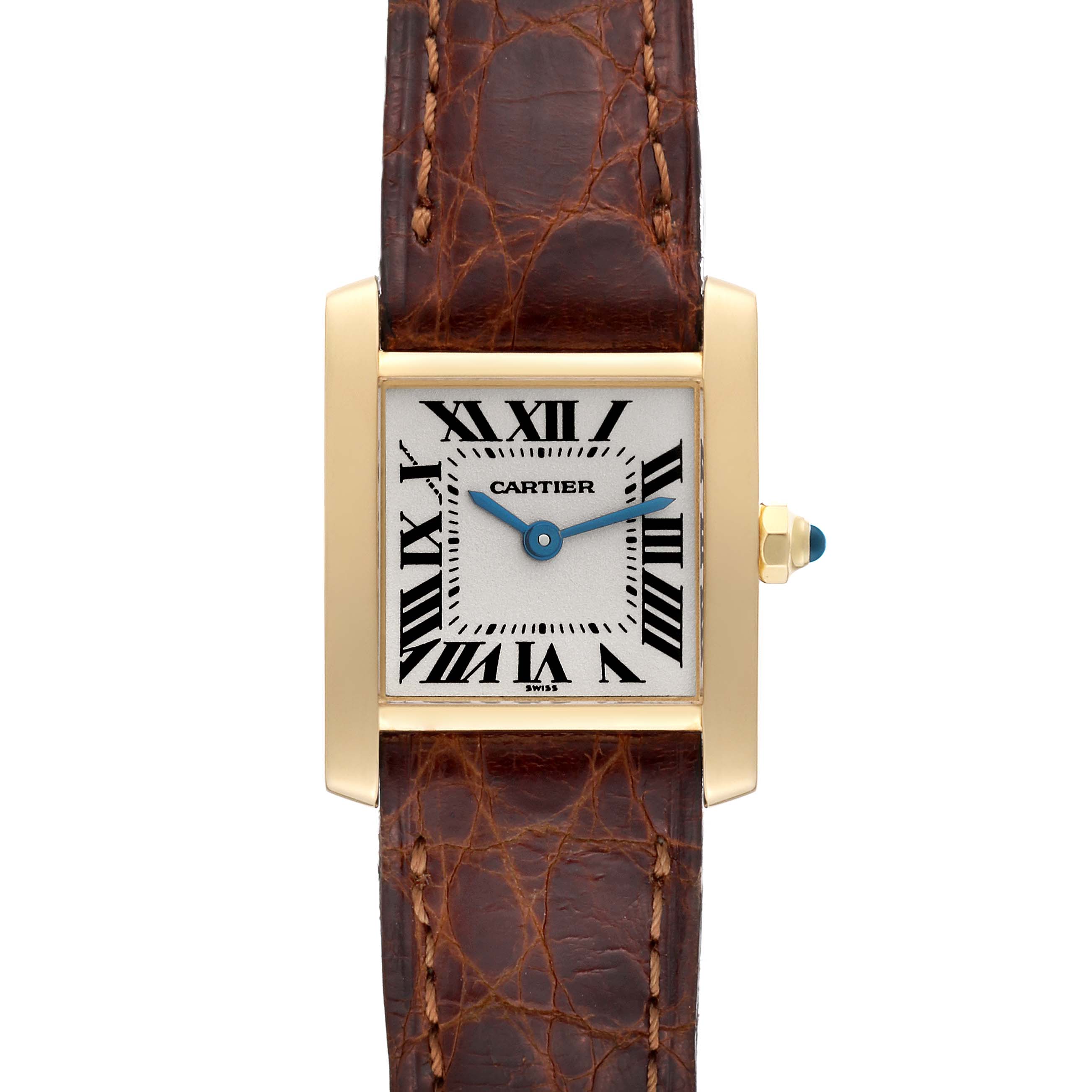 The image shows a front view of the Cartier Tank Francaise W5000256 Women's Yellow Gold Silver Dial W5000256 Women's Yellow Gold Silver Dial watch, displaying its face, bezel, crown, and leather strap.