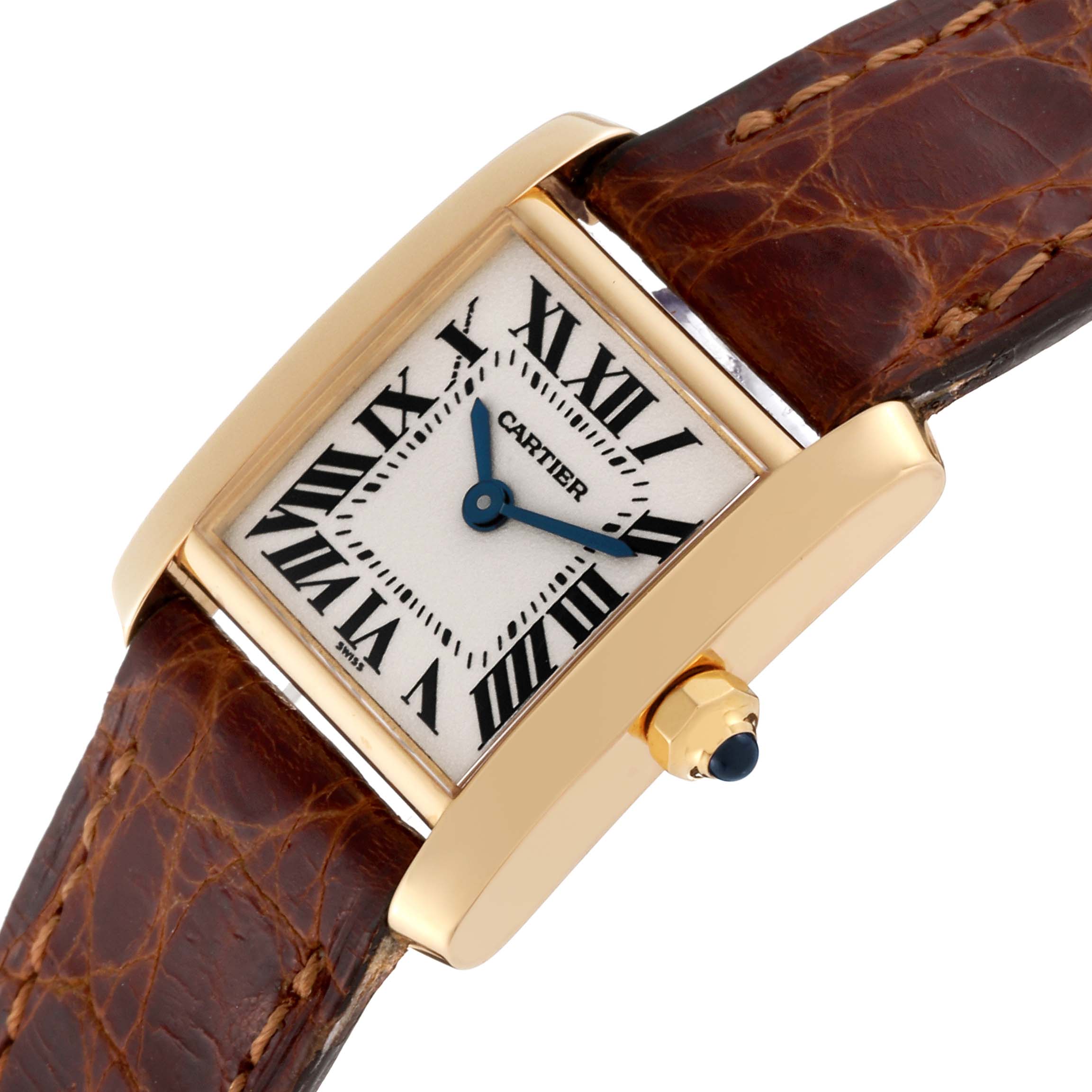 The Cartier Tank Francaise W5000256 Women's Yellow Gold Silver Dial W5000256 Women's Yellow Gold Silver Dial watch is shown at an angled close-up, highlighting the dial, Roman numerals, blue hands, case, and leather strap.