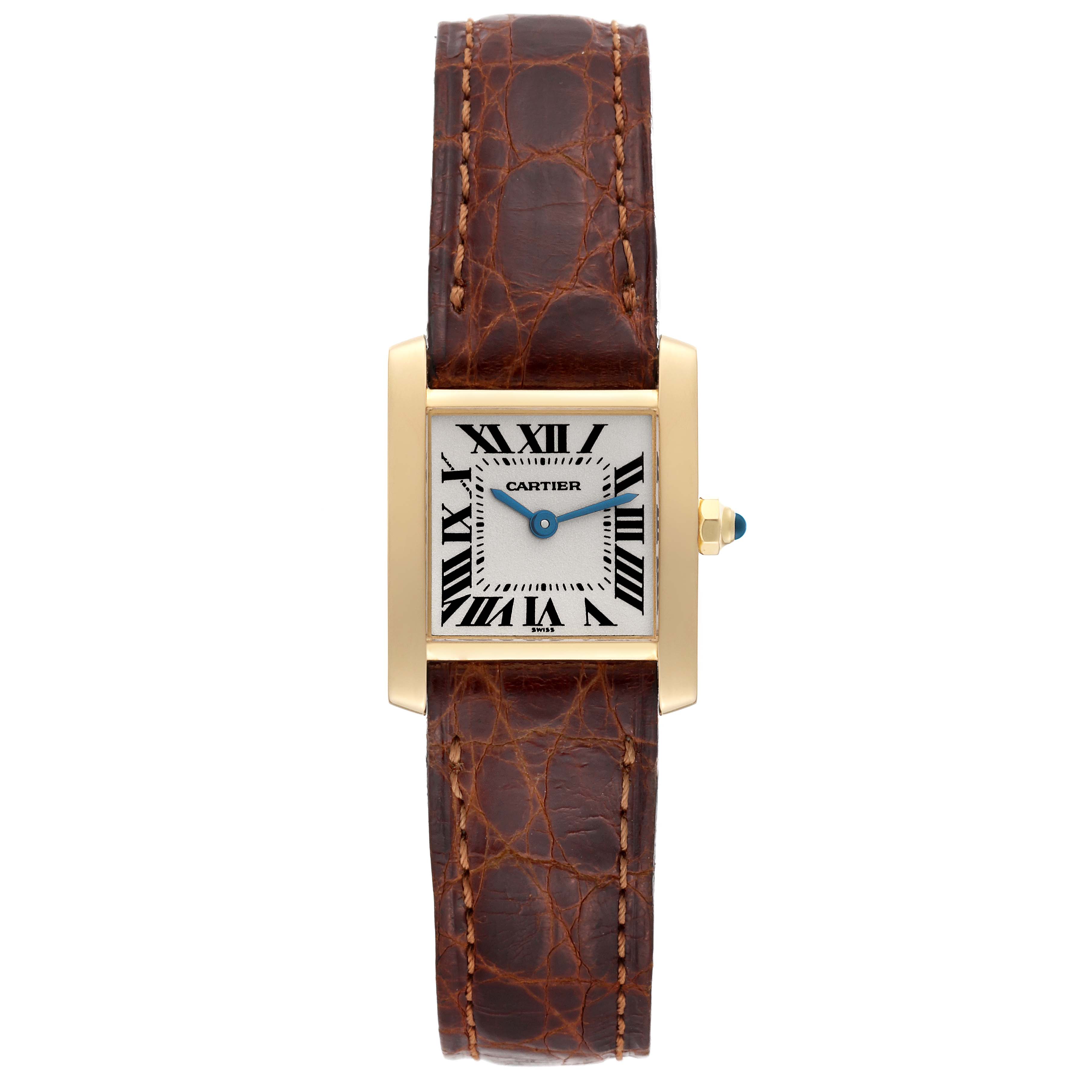 This Cartier Tank Française watch is shown from a top view, displaying the brown leather strap, rectangular dial, and gold case.