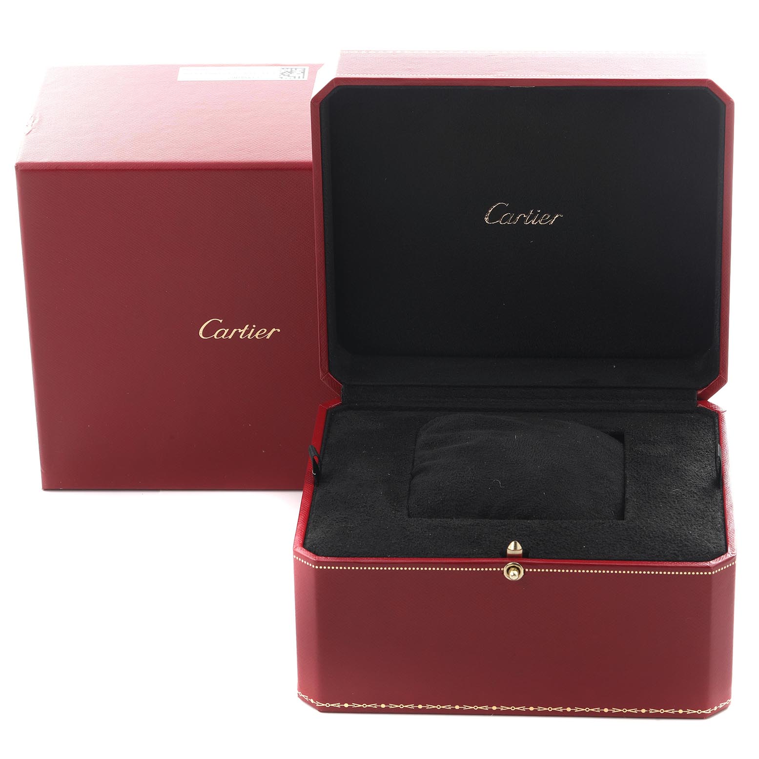 The image shows an open red Cartier box with a cushioned interior for a Tank Francaise watch, along with its outer packaging.