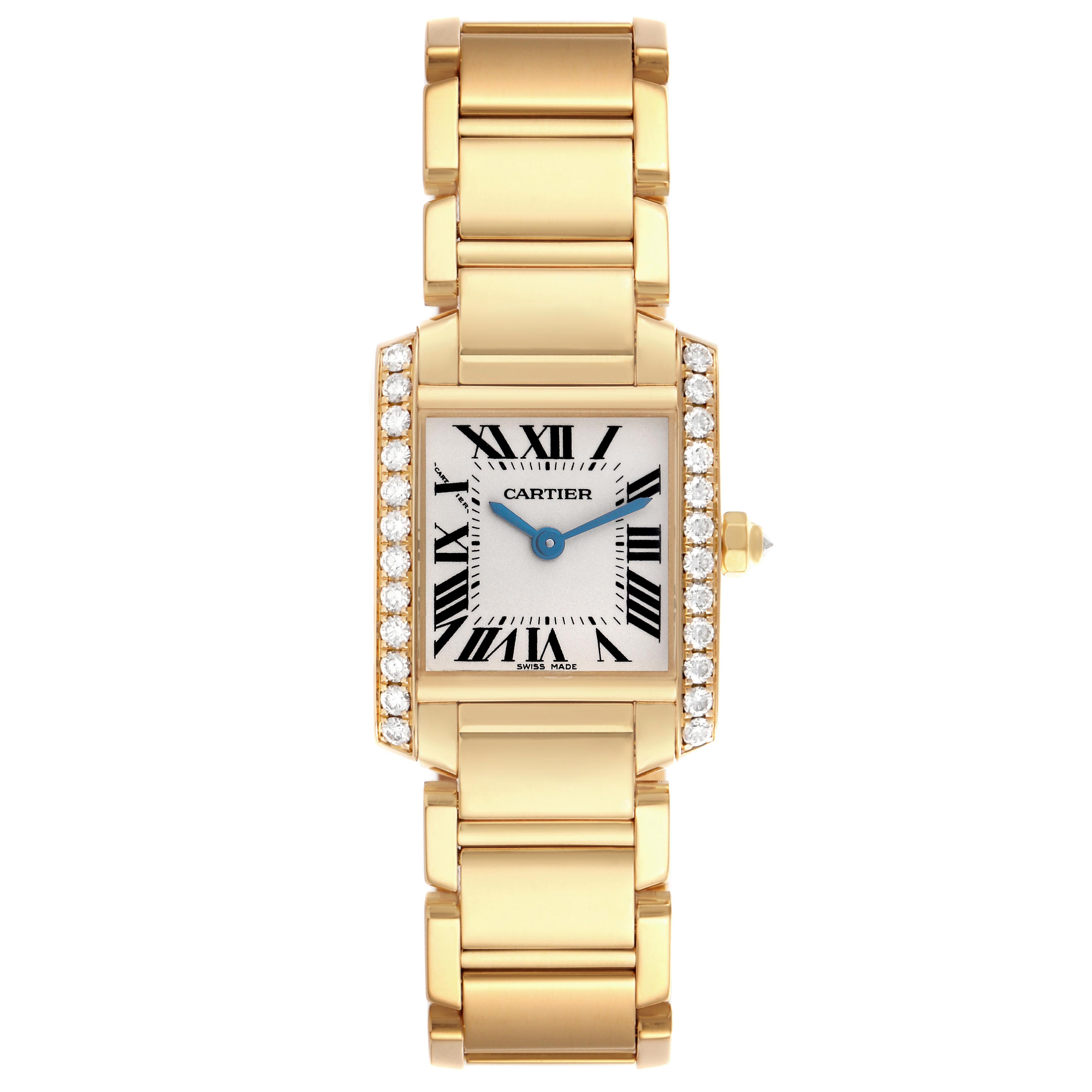 The Cartier Tank Française watch is shown front-facing, displaying the dial, bracelet, and gemstone accents.