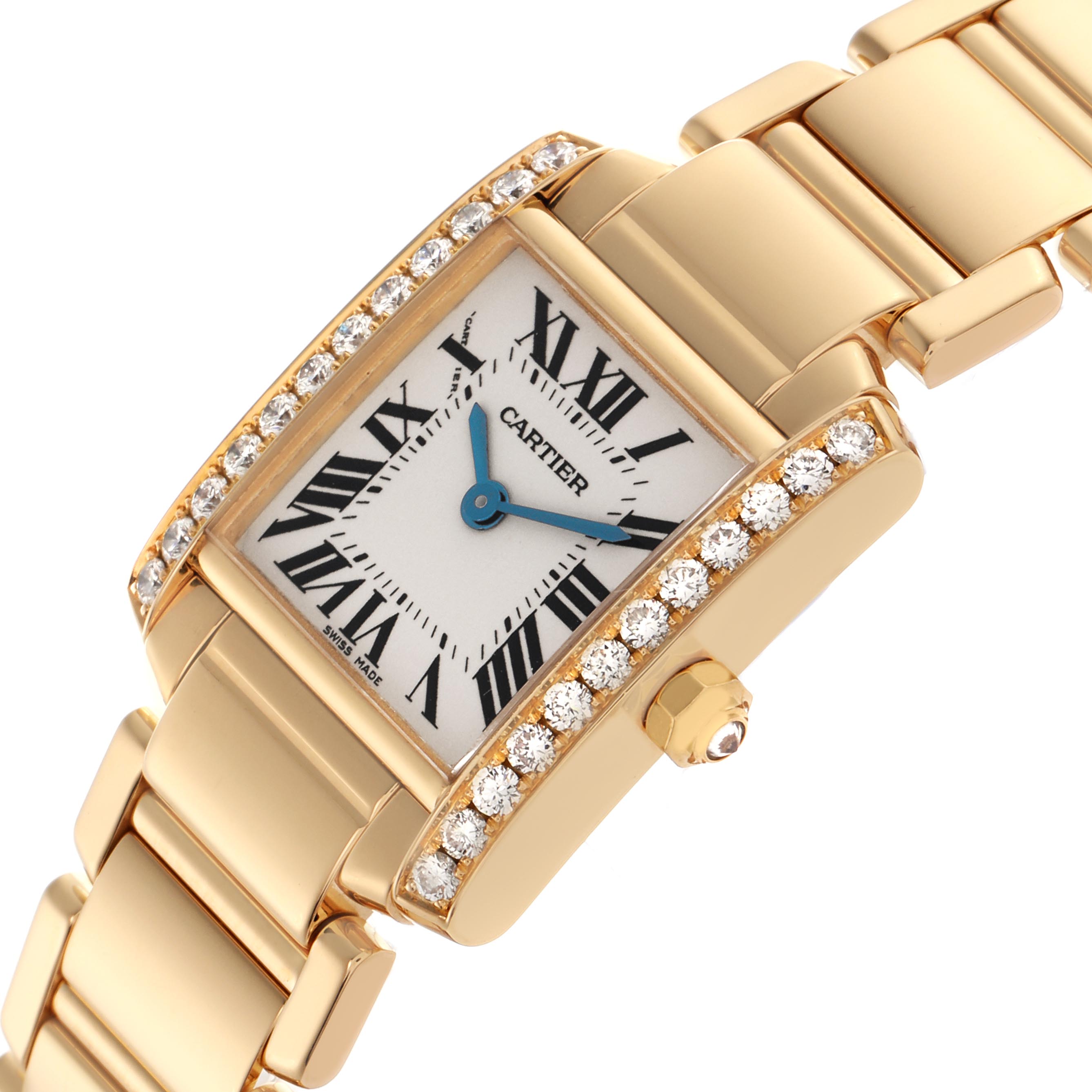 The Cartier Tank Francaise WE1001R8 Women's Yellow Gold Silver Dial WE1001R8 Women's Yellow Gold Silver Dial watch is shown at a tilted angle, highlighting the diamond-set bezel, bracelet, and crown.