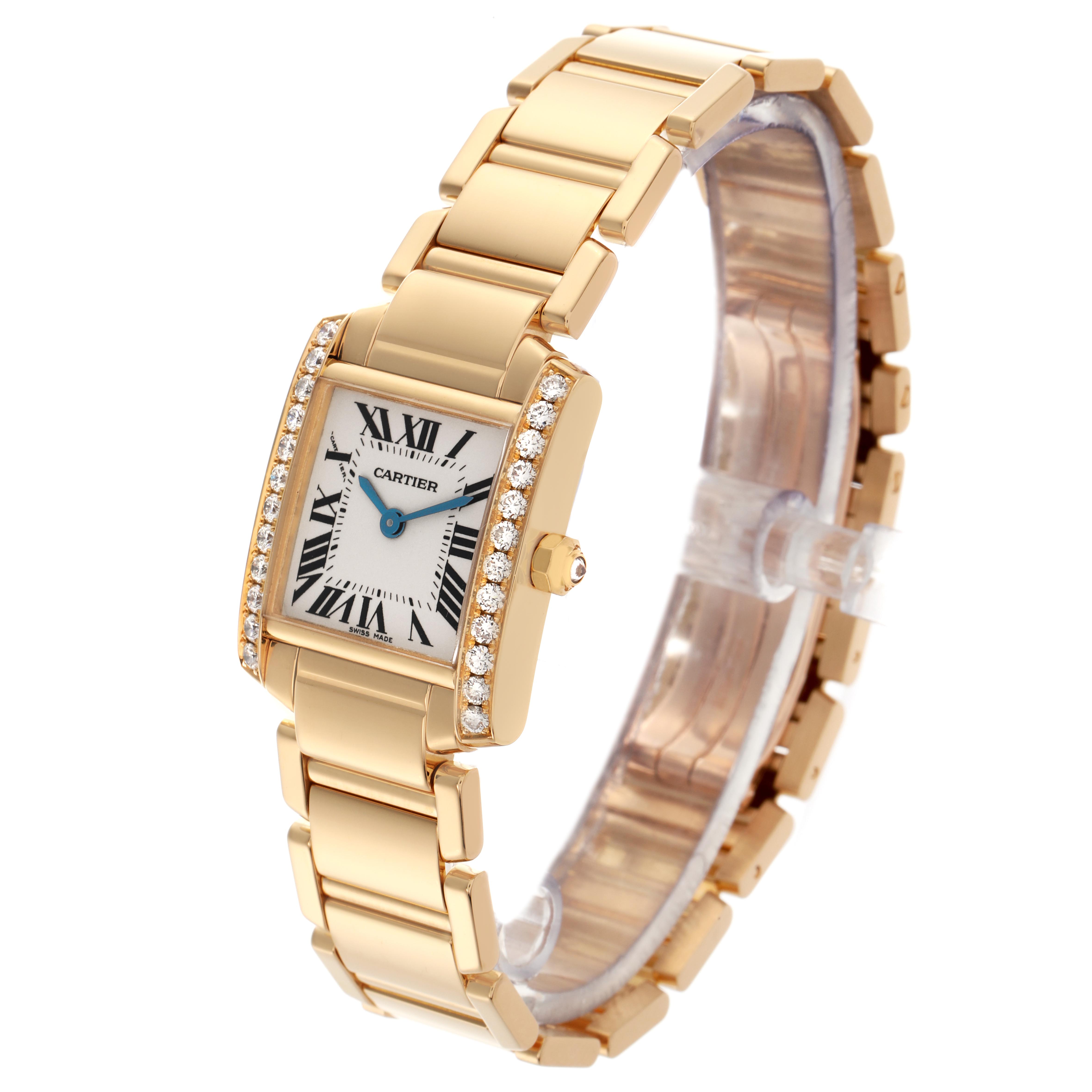 The Cartier Tank Française watch is shown at an angled side view, highlighting its face, bracelet, and diamond accents.