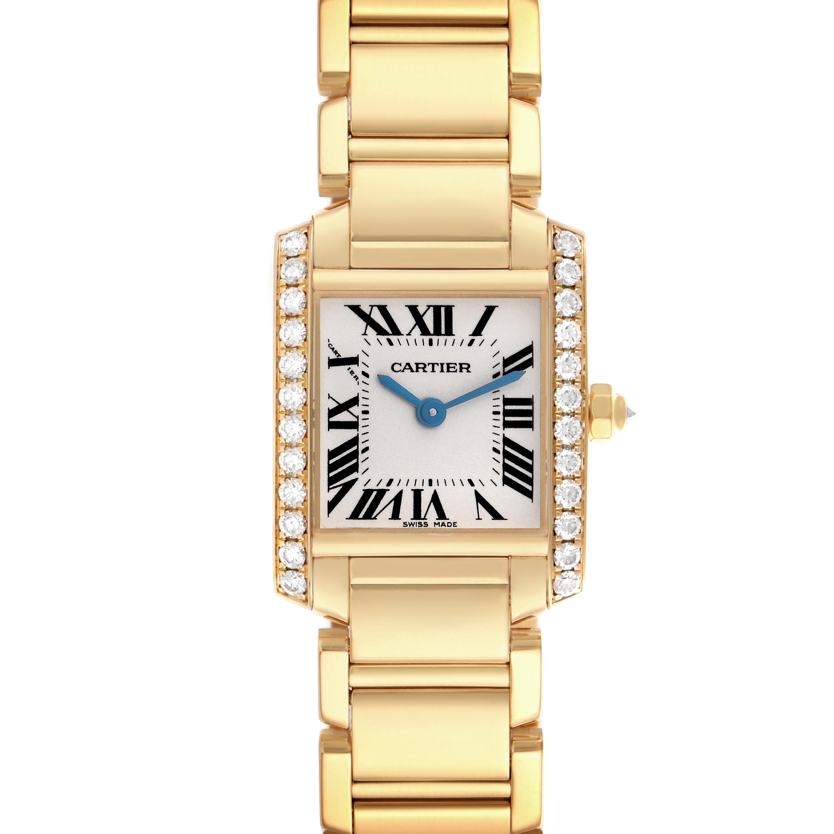 The Cartier Tank Française watch is shown from a front angle, highlighting the face, bezel, and bracelet.