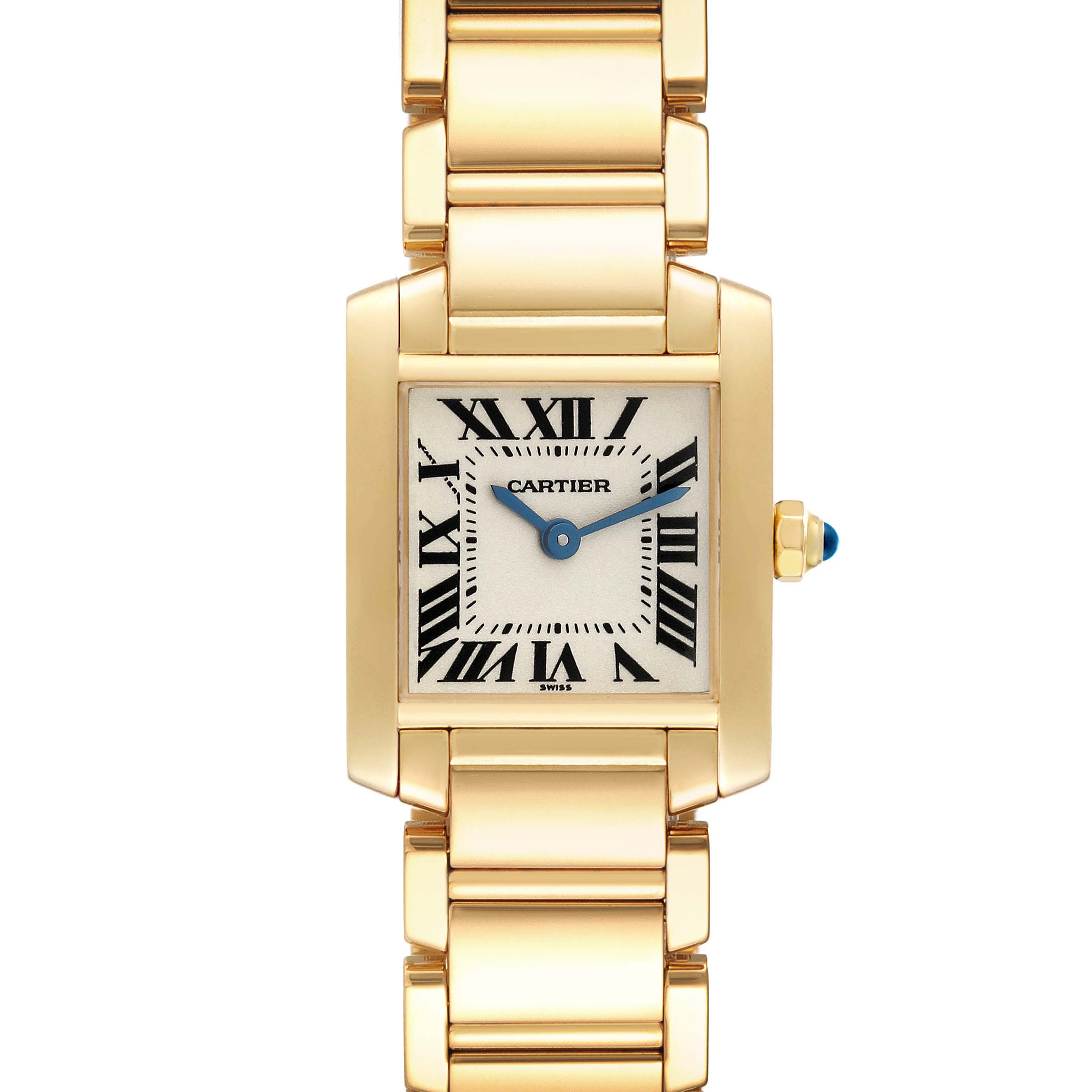 The image shows a front view of the Cartier Tank Francaise W50002N2 Women's Yellow Gold Silver Dial W50002N2 Women's Yellow Gold Silver Dial watch, highlighting its gold bracelet and rectangular face with Roman numerals.