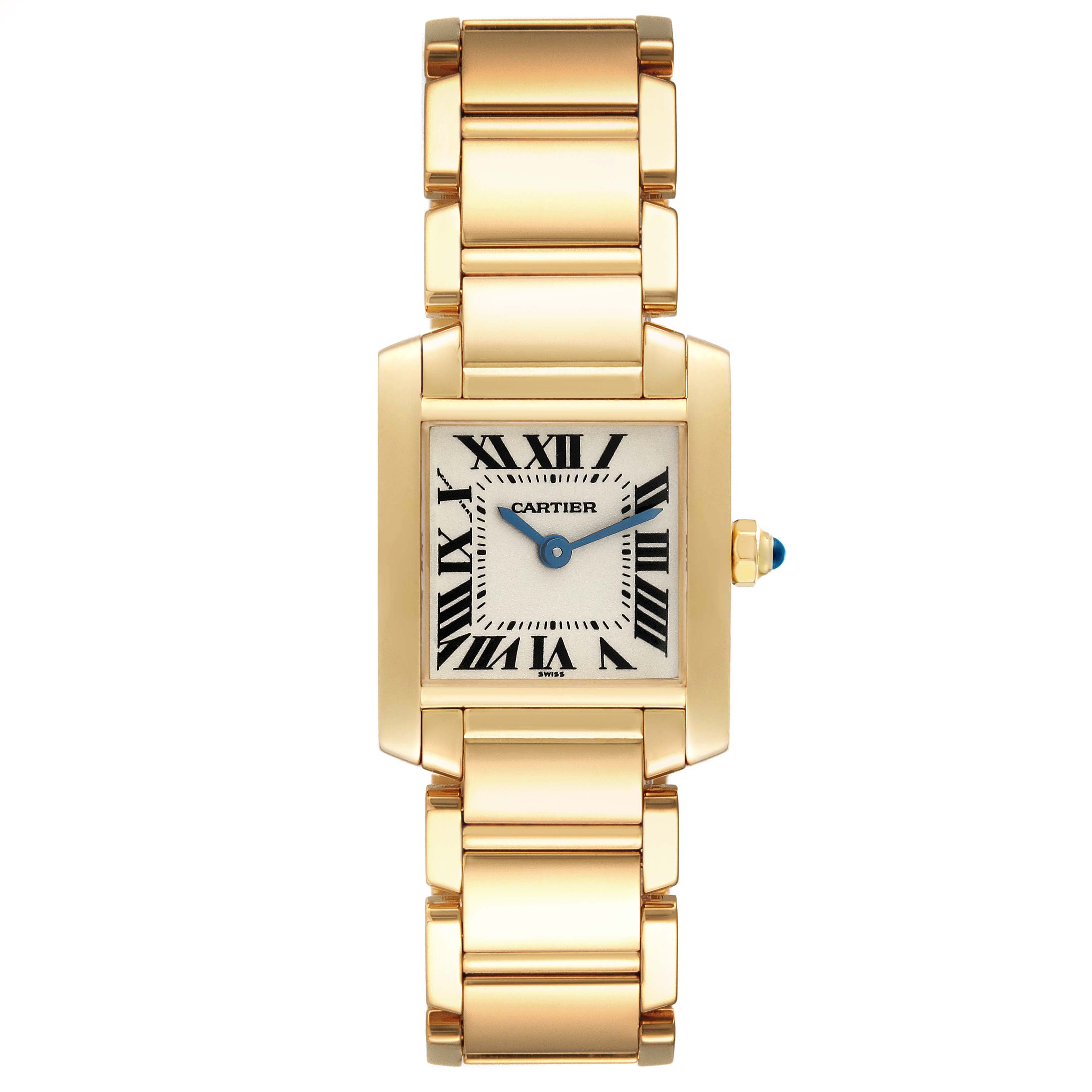 The image shows a front view of the Cartier Tank Française watch with a gold rectangular case, Roman numeral dial, and gold bracelet.