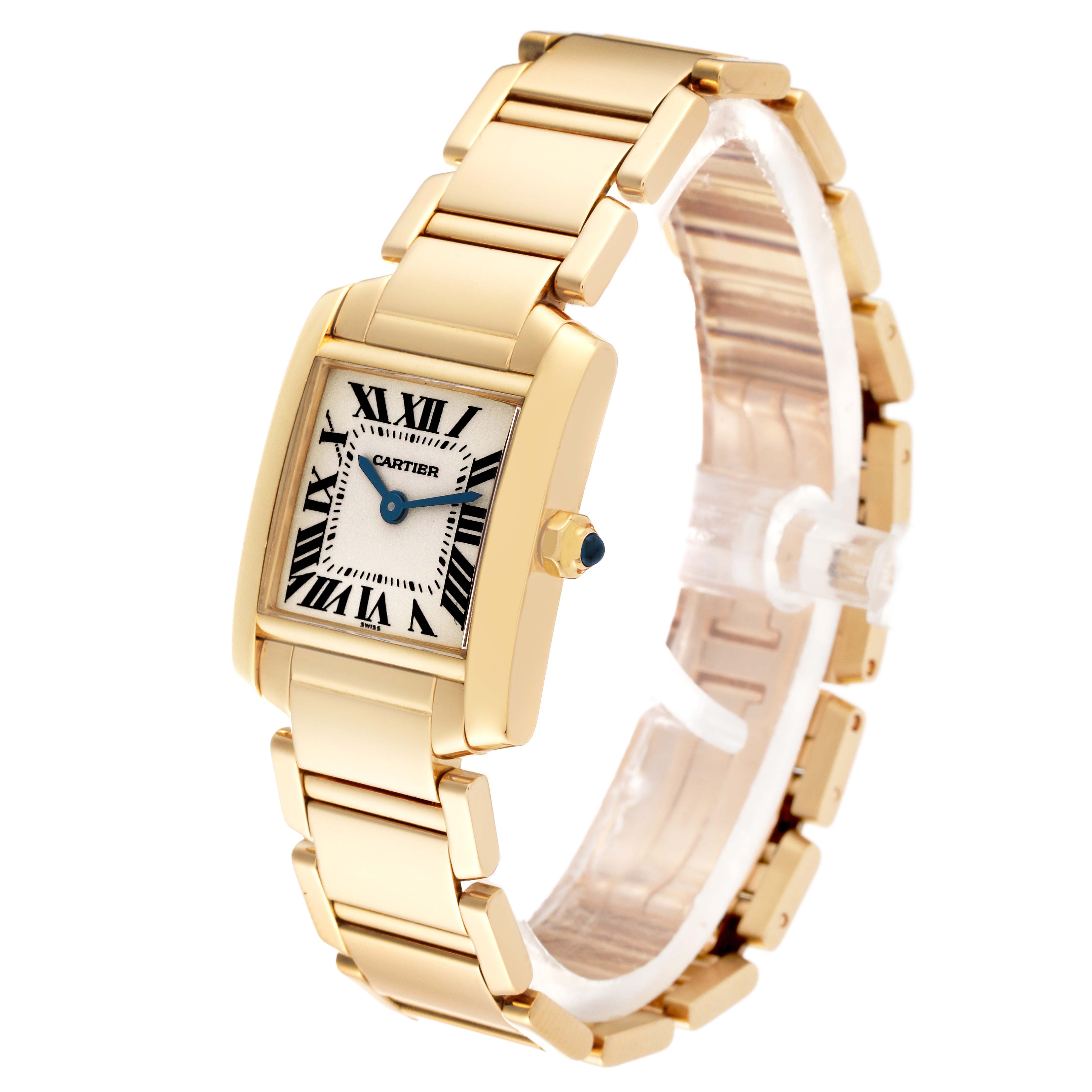 The image shows a Cartier Tank Francaise W50002N2 Women's Yellow Gold Silver Dial W50002N2 Women's Yellow Gold Silver Dial watch at a slight angle, primarily displaying the face and part of the bracelet.