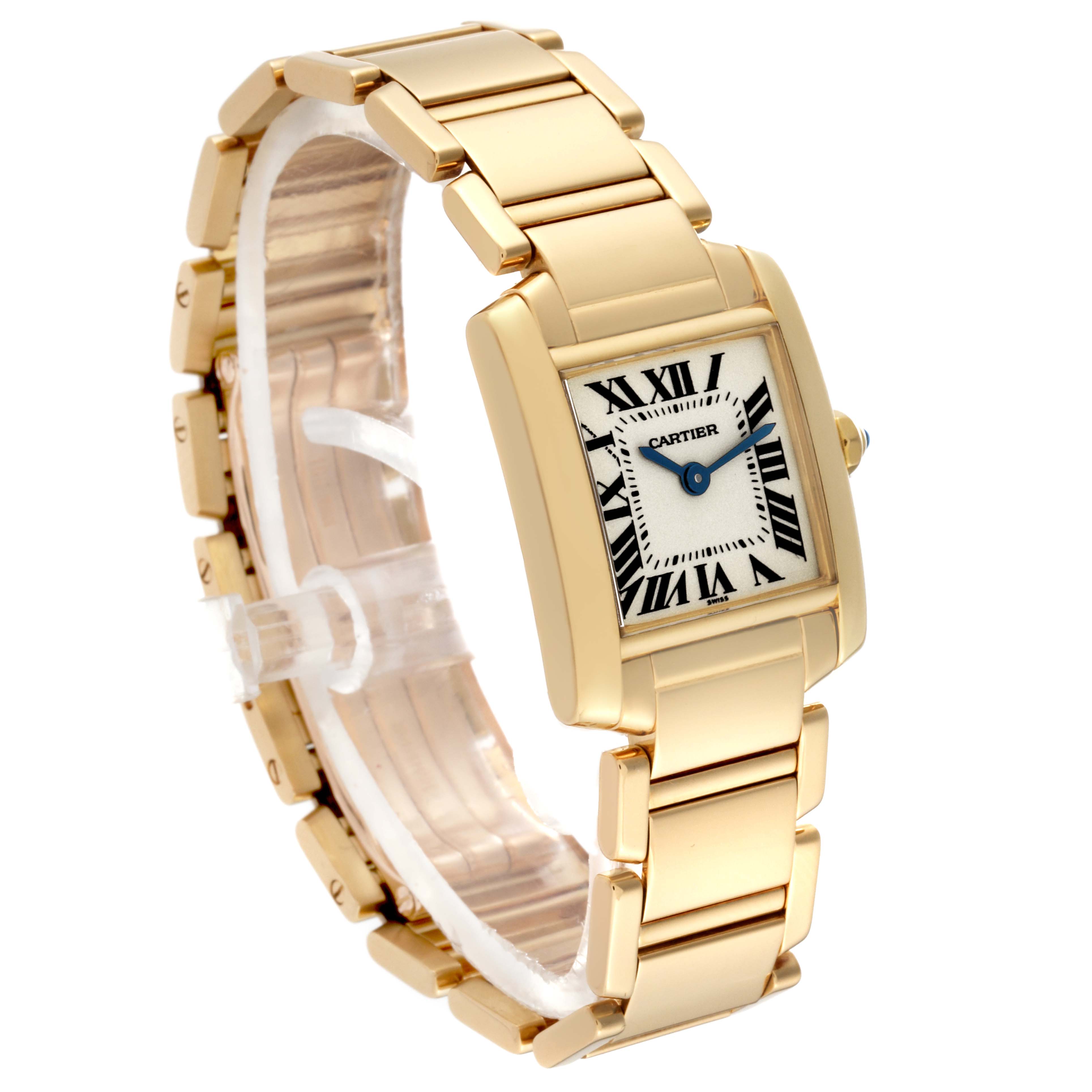 The image shows a Cartier Tank Francaise W50002N2 Women's Yellow Gold Silver Dial W50002N2 Women's Yellow Gold Silver Dial watch angled to display the face, case, and bracelet.