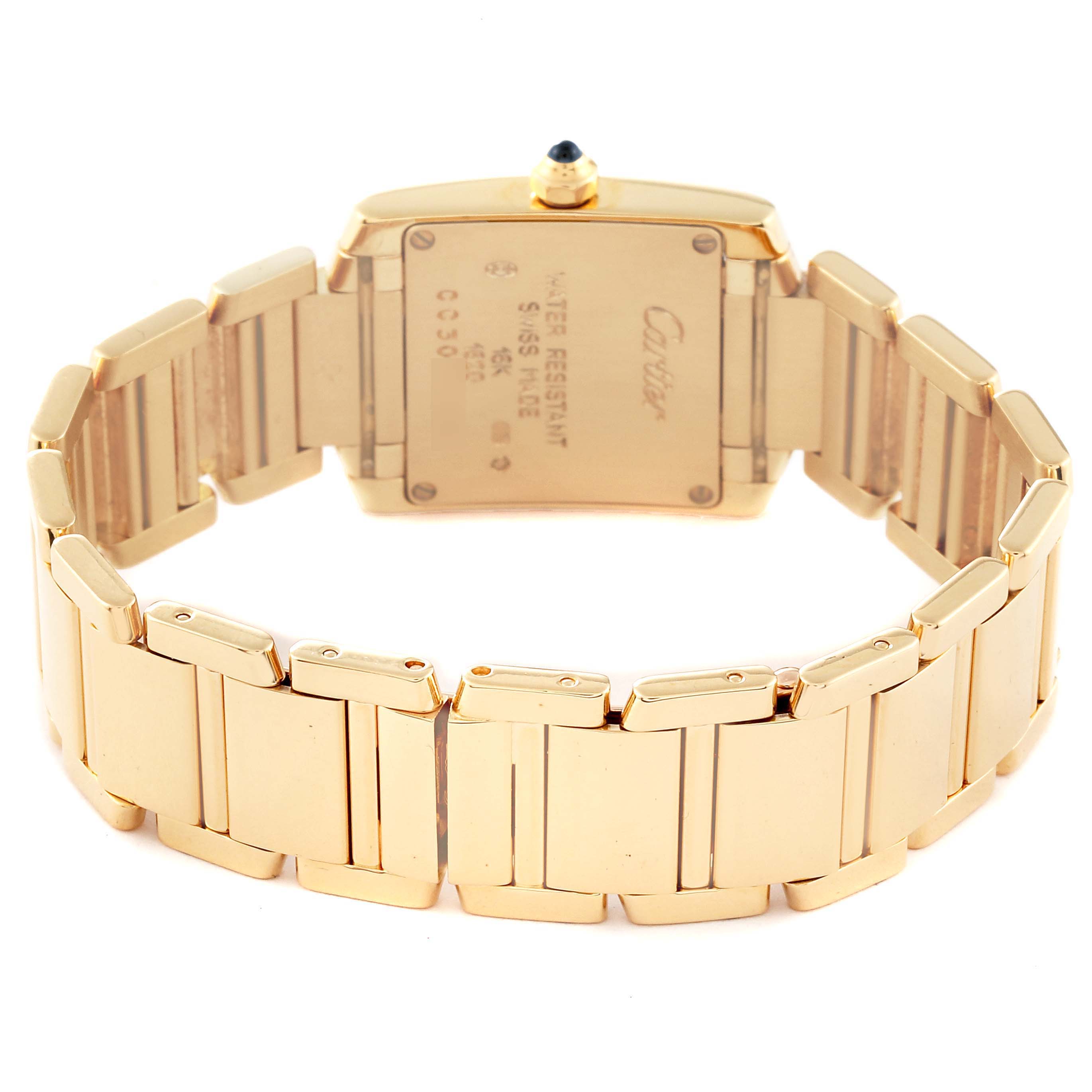 This image shows the back view of a Cartier Tank Française watch, highlighting the case back and part of the metal bracelet.