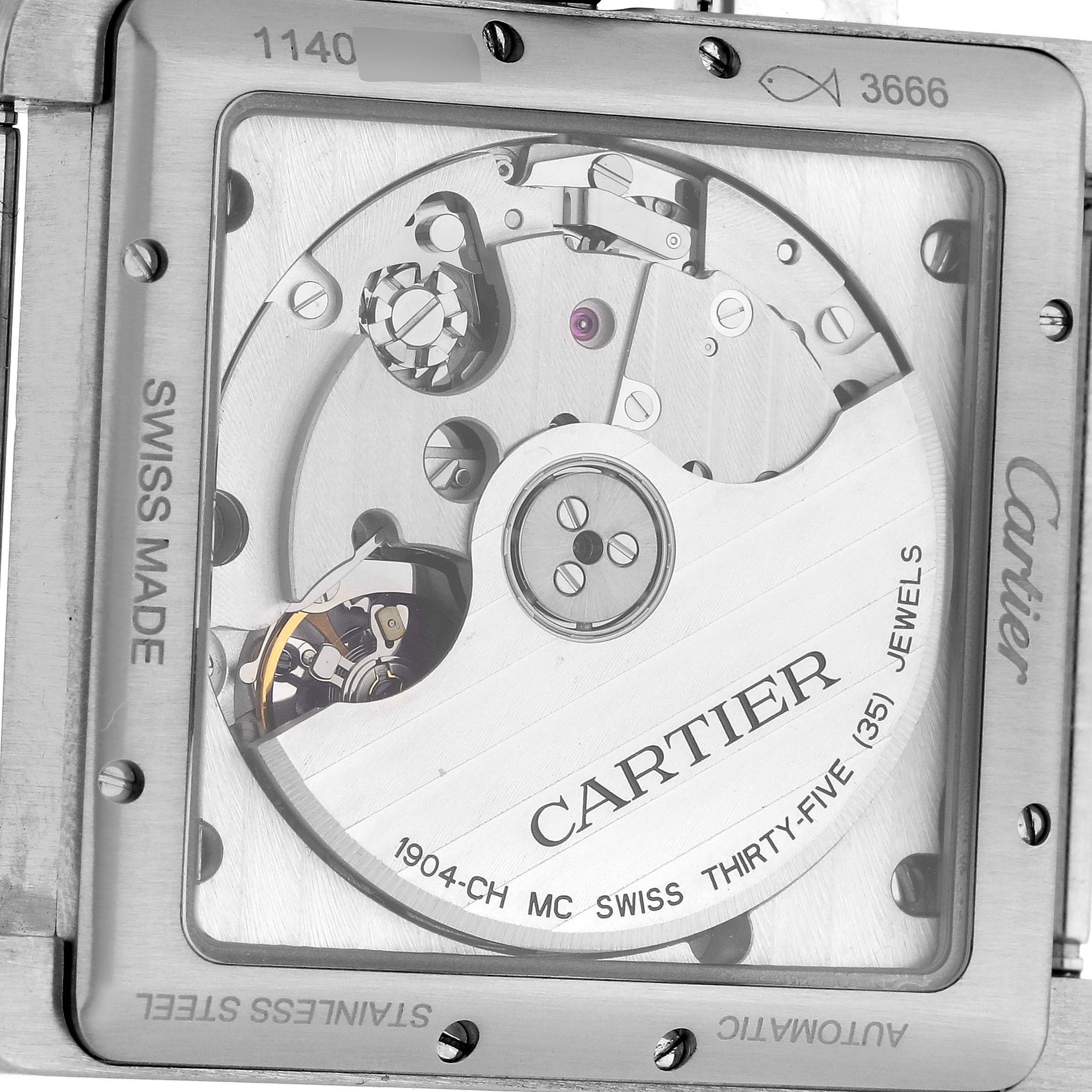 This image shows the back view of the Cartier Tank MC W5330007 Men's Stainless Steel Silver Dial W5330007 Men's Stainless Steel Silver Dial watch, highlighting its mechanical movement and intricate details.