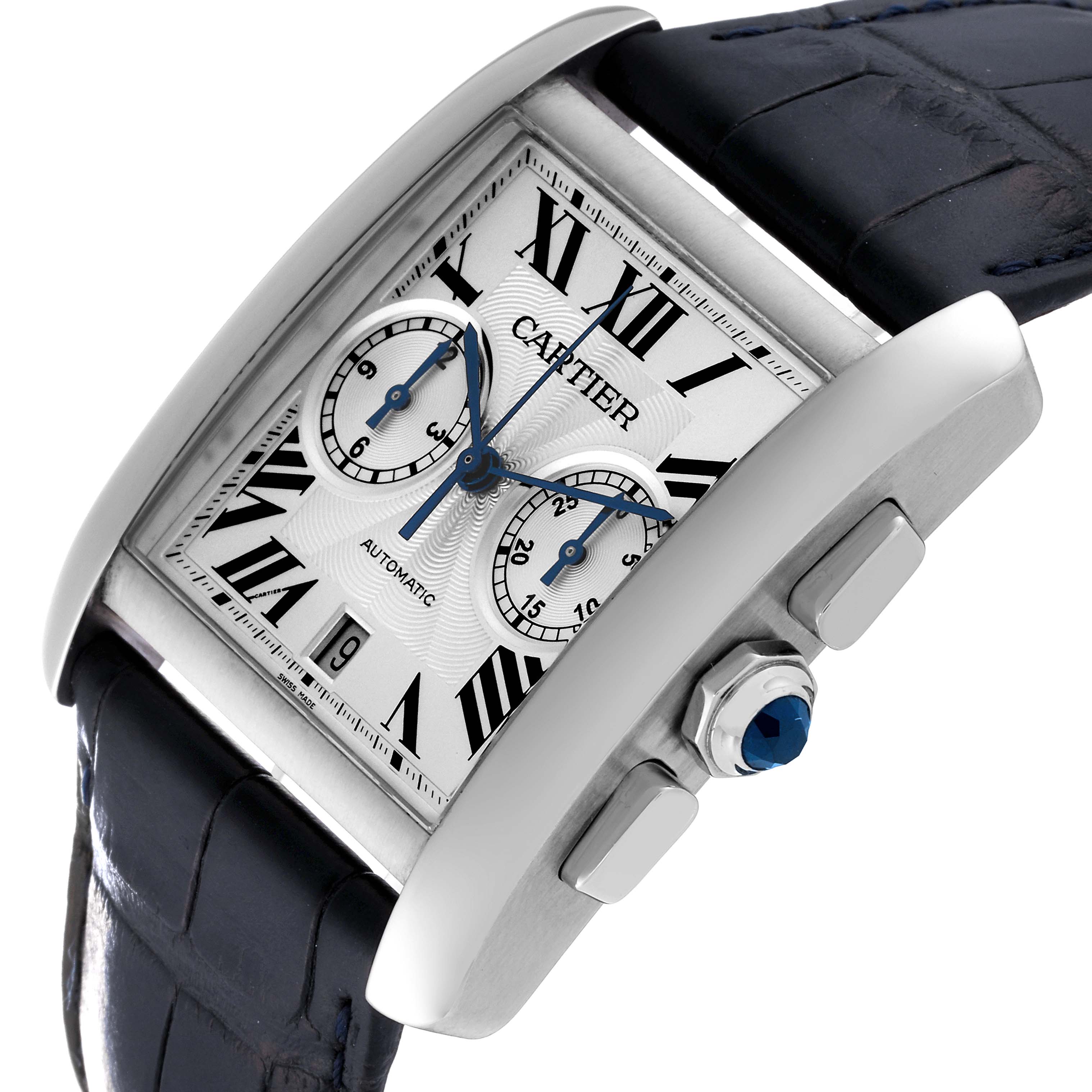 The Cartier Tank MC W5330007 Men's Stainless Steel Silver Dial W5330007 Men's Stainless Steel Silver Dial watch is shown at an angle highlighting the face, crown, pushers, and part of the leather strap.