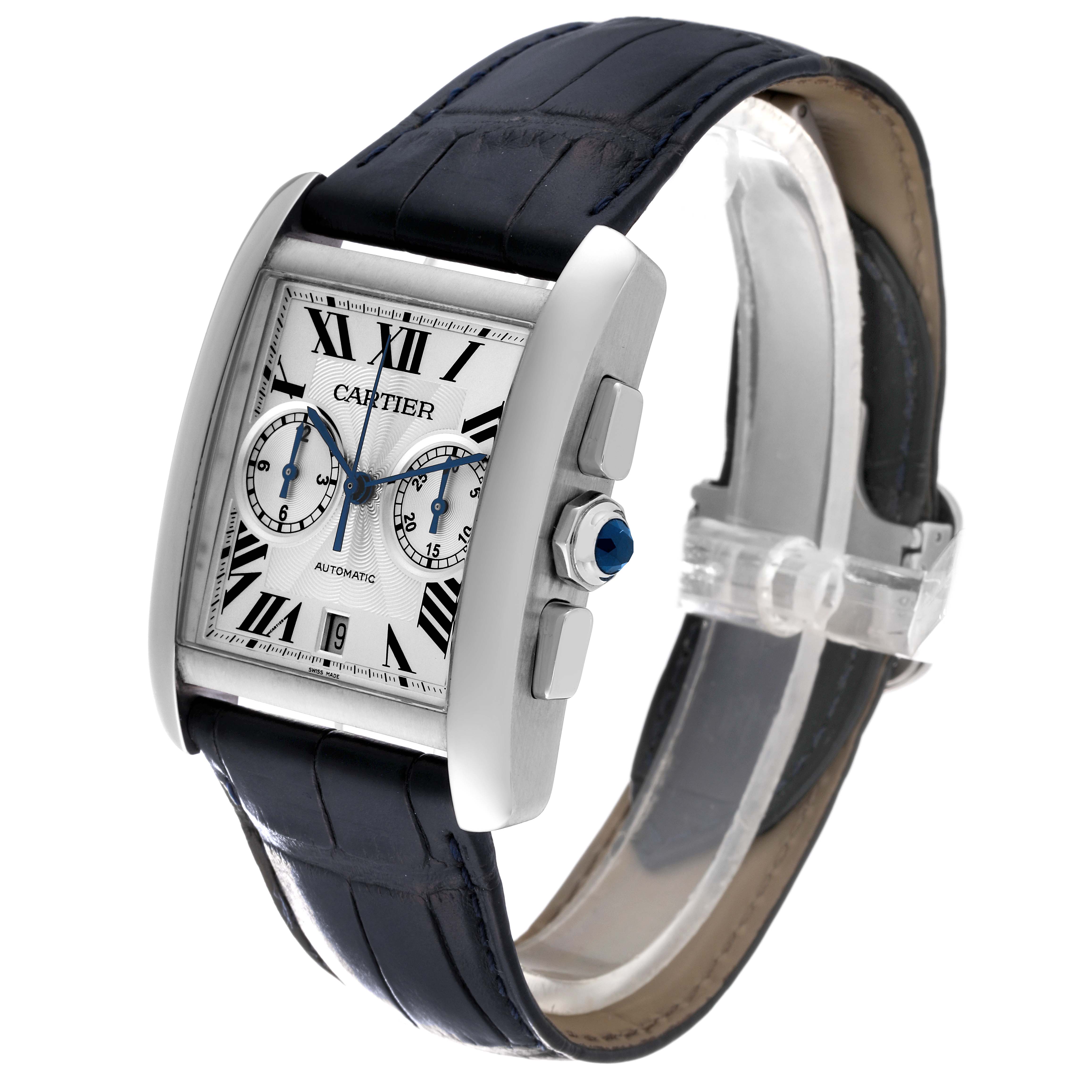 The Cartier Tank MC W5330007 Men's Stainless Steel Silver Dial W5330007 Men's Stainless Steel Silver Dial watch is shown at an angled view, highlighting its face, crown, and black leather strap.