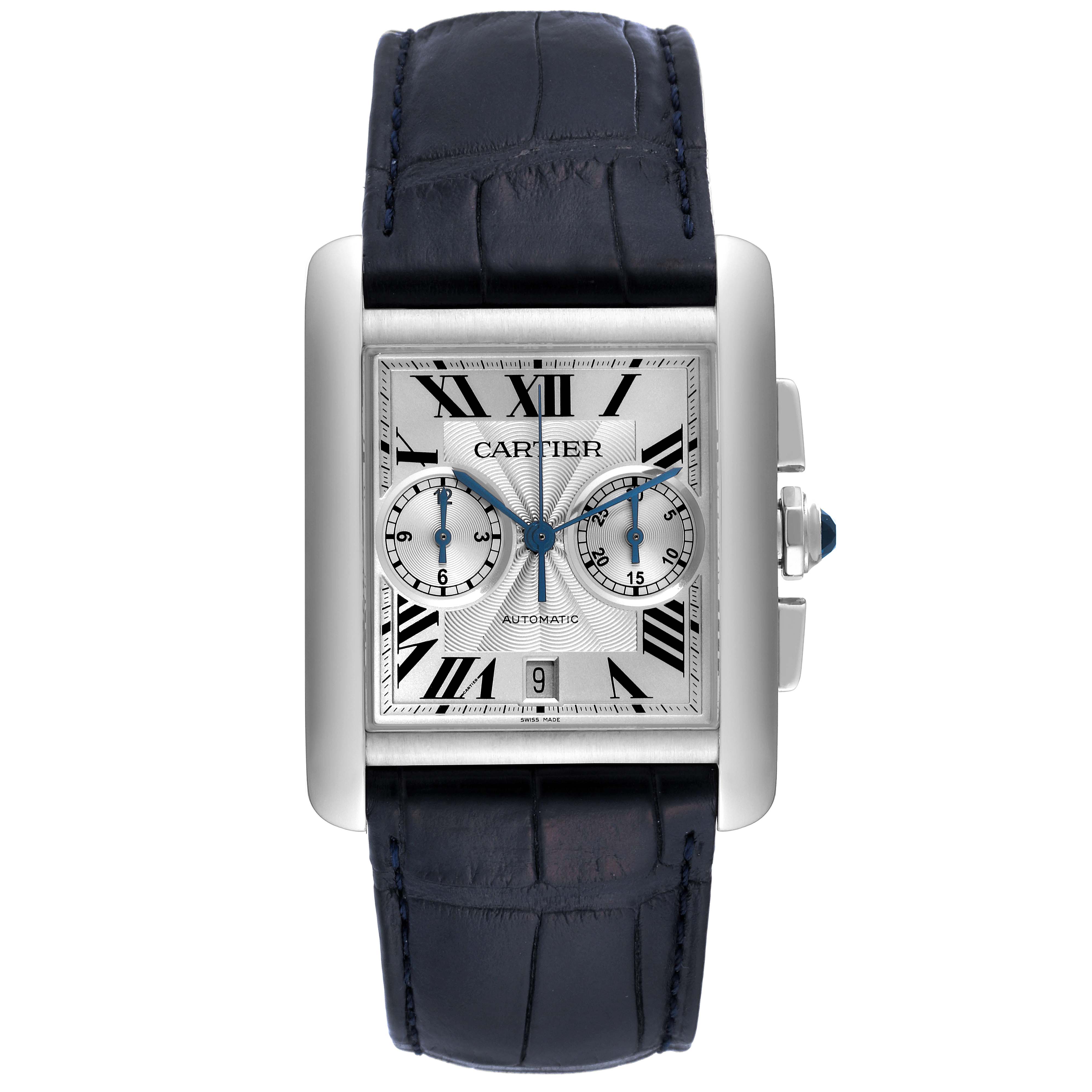 This image shows a frontal view of the Cartier Tank MC W5330007 Men's Stainless Steel Silver Dial W5330007 Men's Stainless Steel Silver Dial watch, displaying its square dial, Roman numerals, and leather strap.