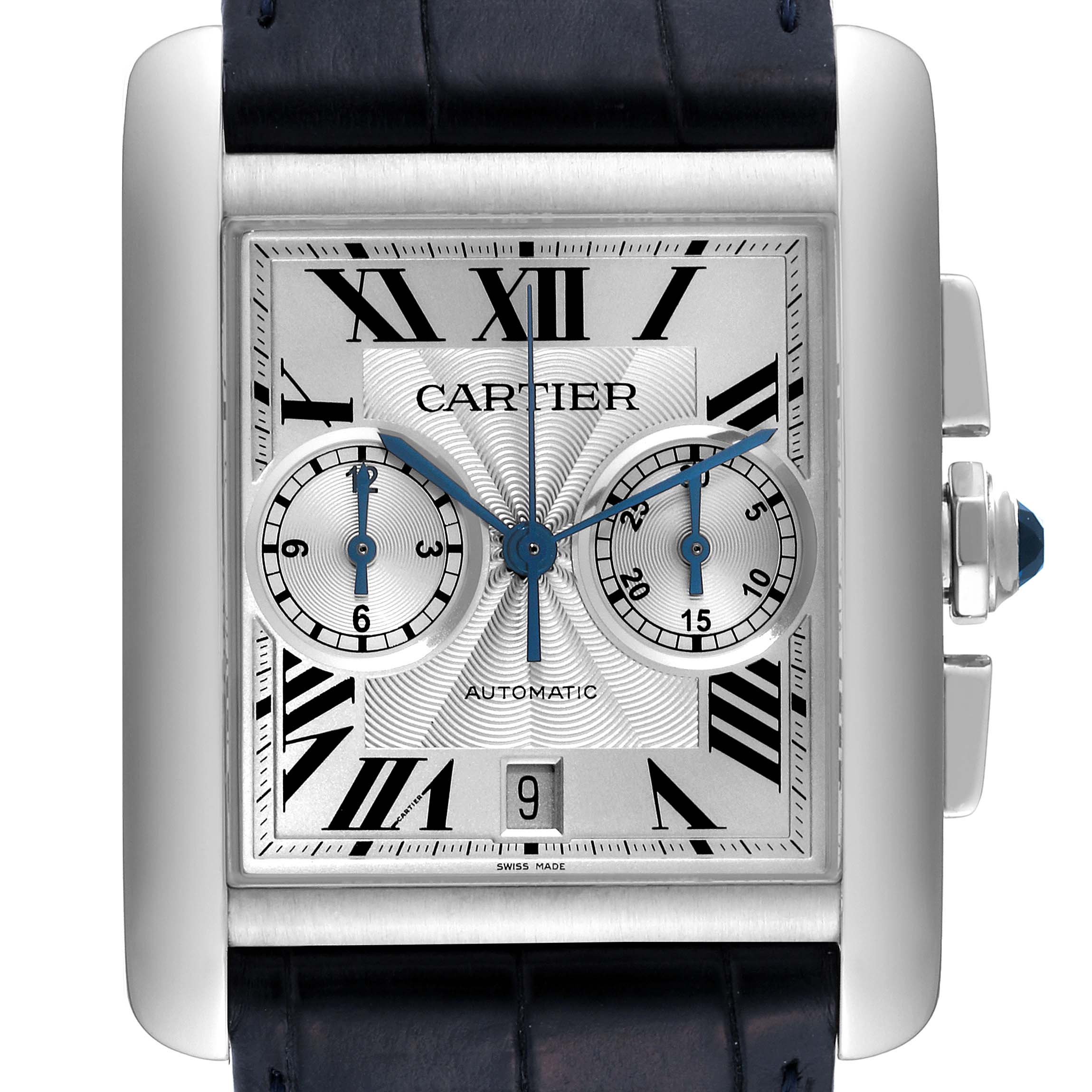The image shows a front view of the Cartier Tank MC W5330007 Men's Stainless Steel Silver Dial W5330007 Men's Stainless Steel Silver Dial watch, highlighting its dial, subdials, date window, and crown.