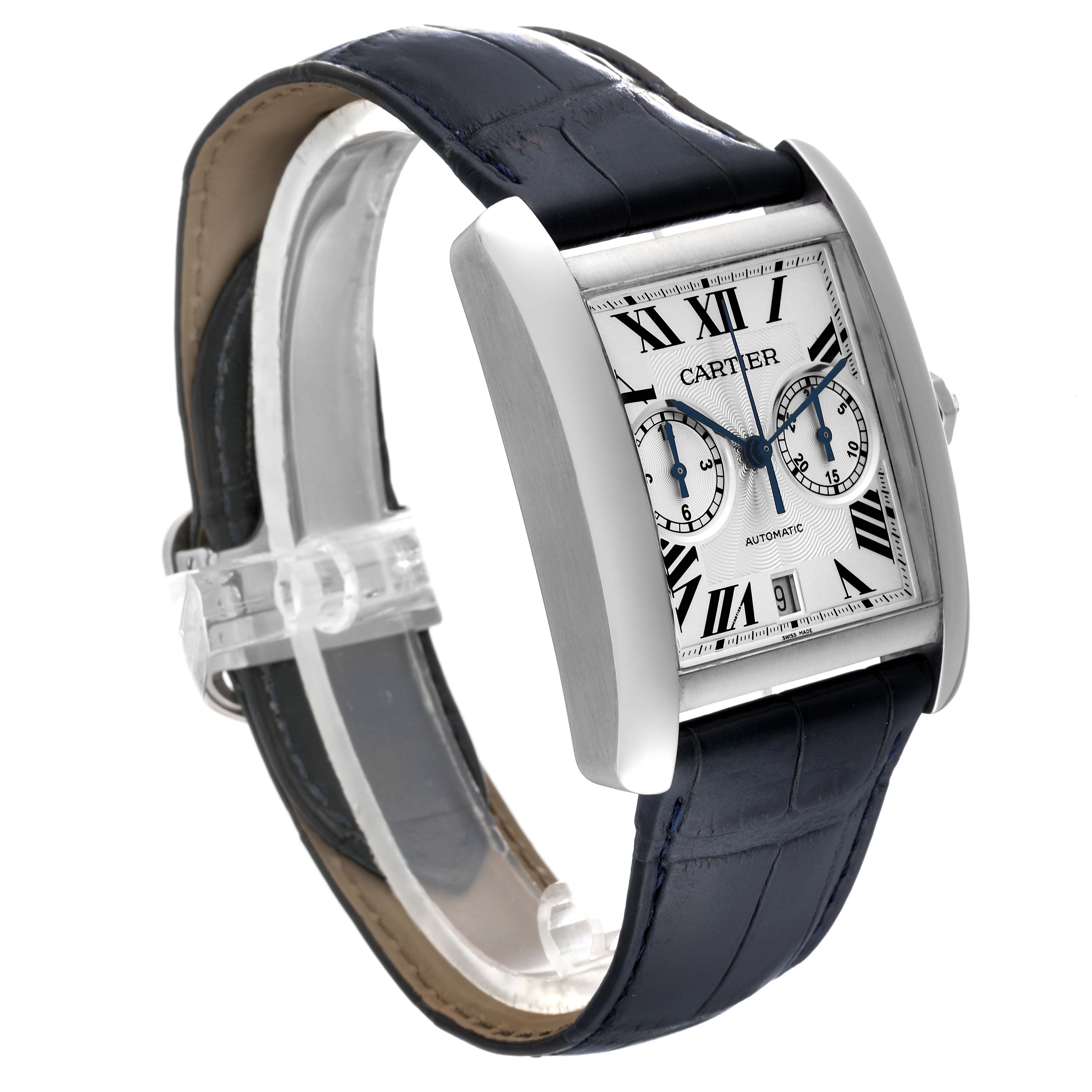 The image shows a side angle of the Cartier Tank MC W5330007 Men's Stainless Steel Silver Dial W5330007 Men's Stainless Steel Silver Dial watch, featuring its dial, case, and strap.