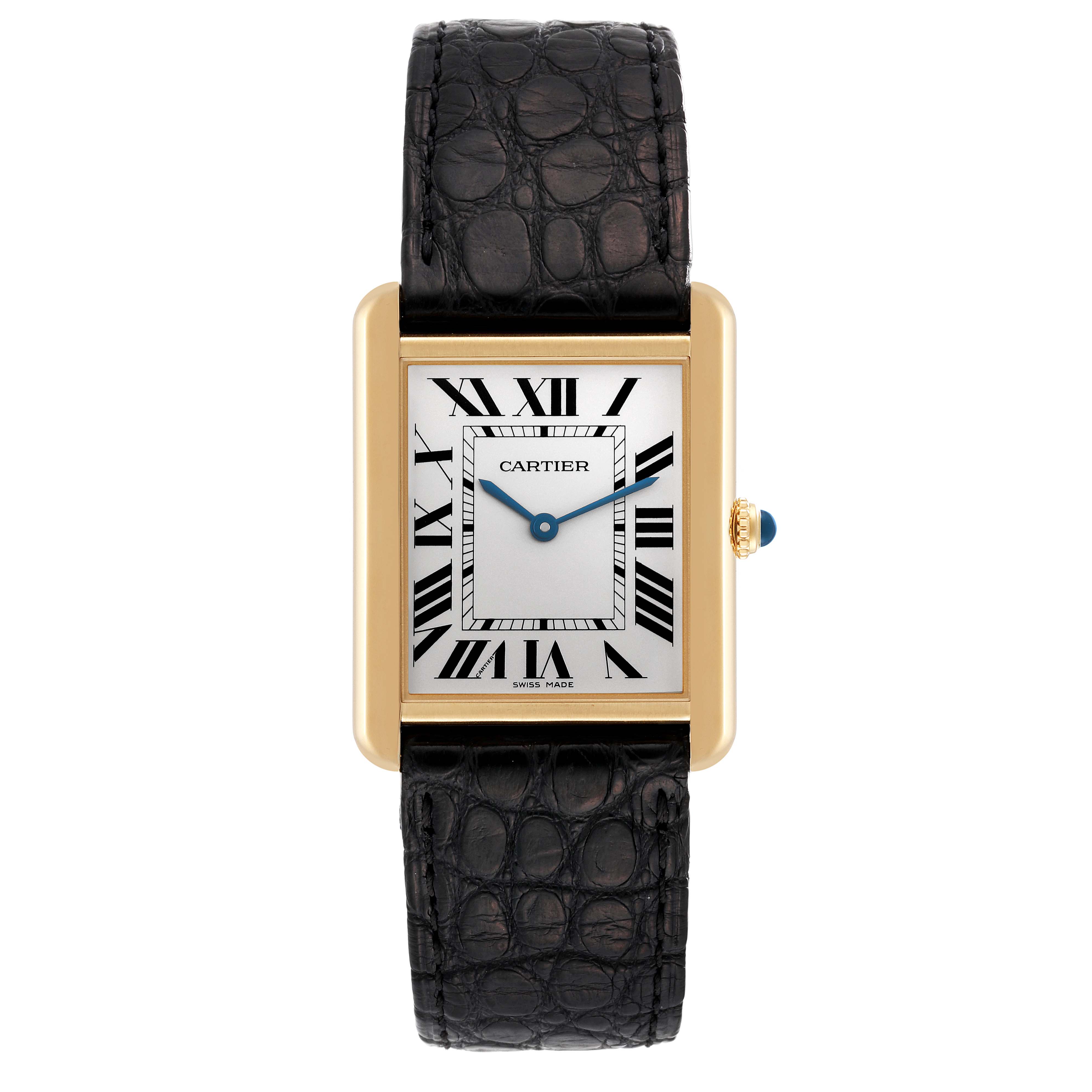 The image shows a frontal view of the Cartier Tank Solo W5200004 Men
s Steel and Gold (two tone) Silver Dial W5200004 Men
s Steel and Gold (two tone) Silver Dial watch, featuring its square face, roman numerals, and black leather strap.