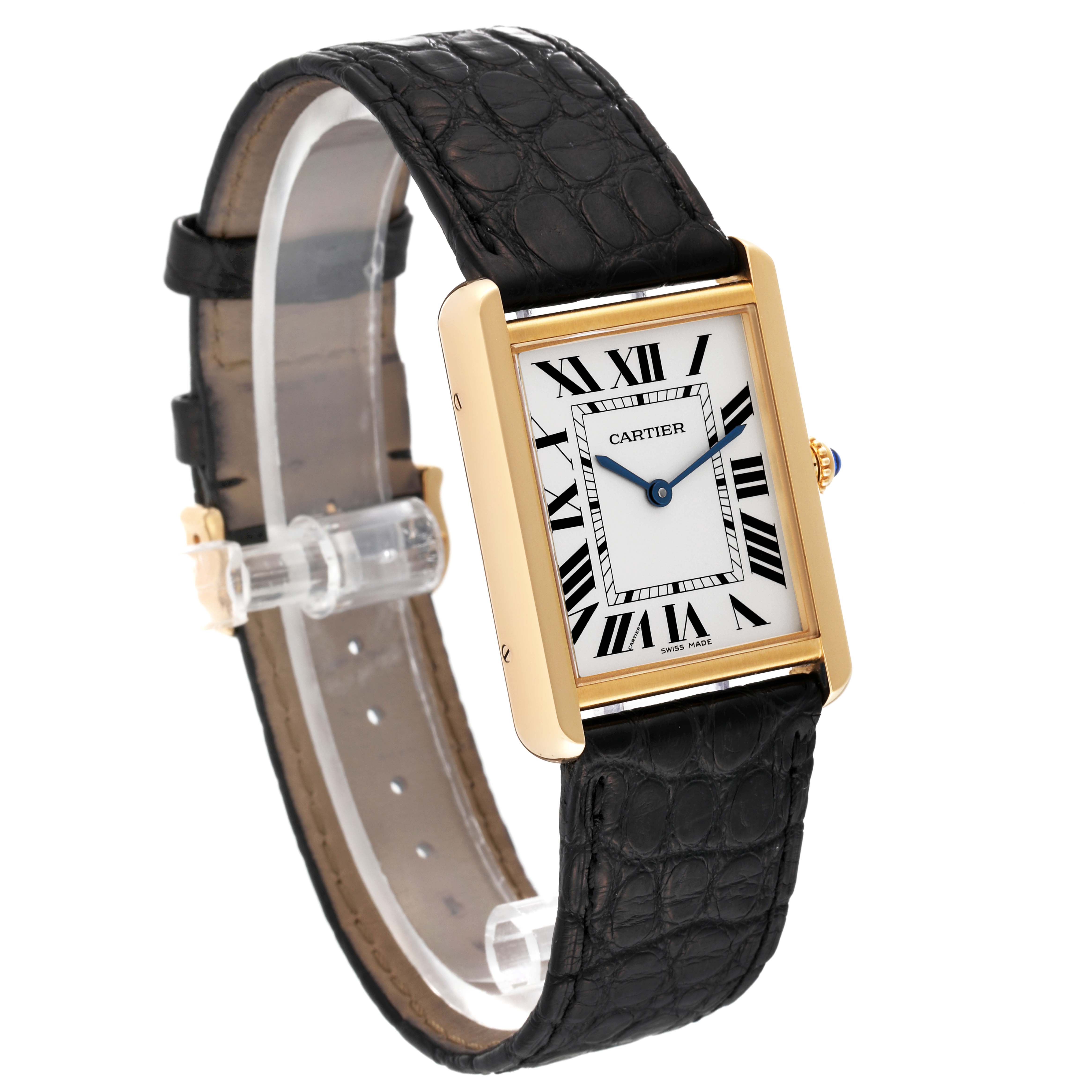 This image shows a Cartier Tank Solo W5200004 Men
s Steel and Gold (two tone) Silver Dial W5200004 Men
s Steel and Gold (two tone) Silver Dial watch at a front-left angle, highlighting the face, leather strap, and gold casing.