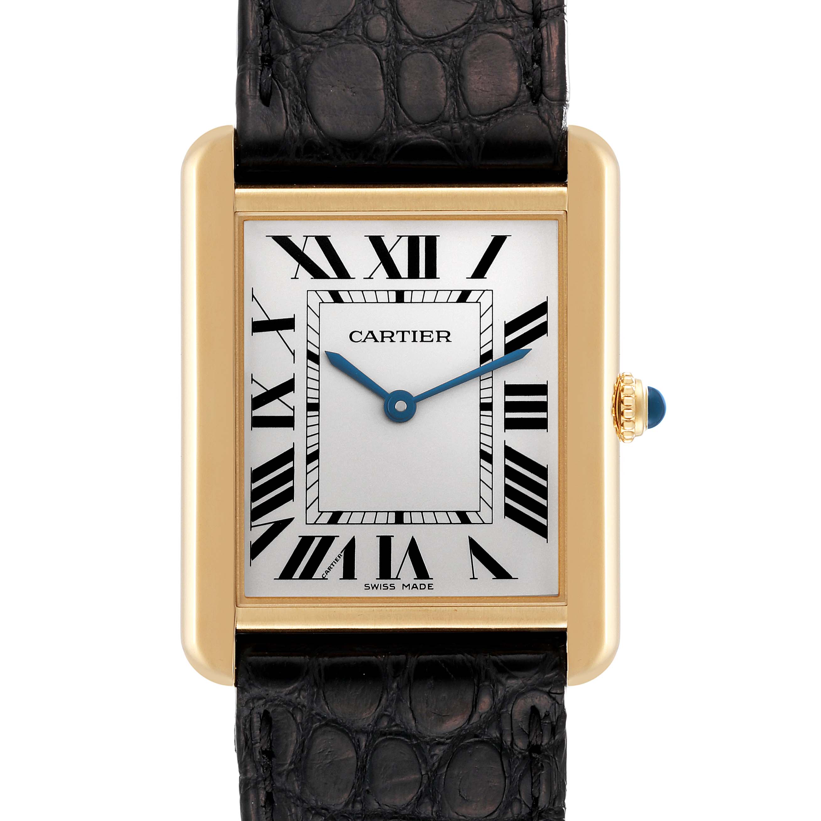 This image shows the face and strap of the Cartier Tank Solo W5200004 Men
s Steel and Gold (two tone) Silver Dial W5200004 Men
s Steel and Gold (two tone) Silver Dial watch from a front angle.