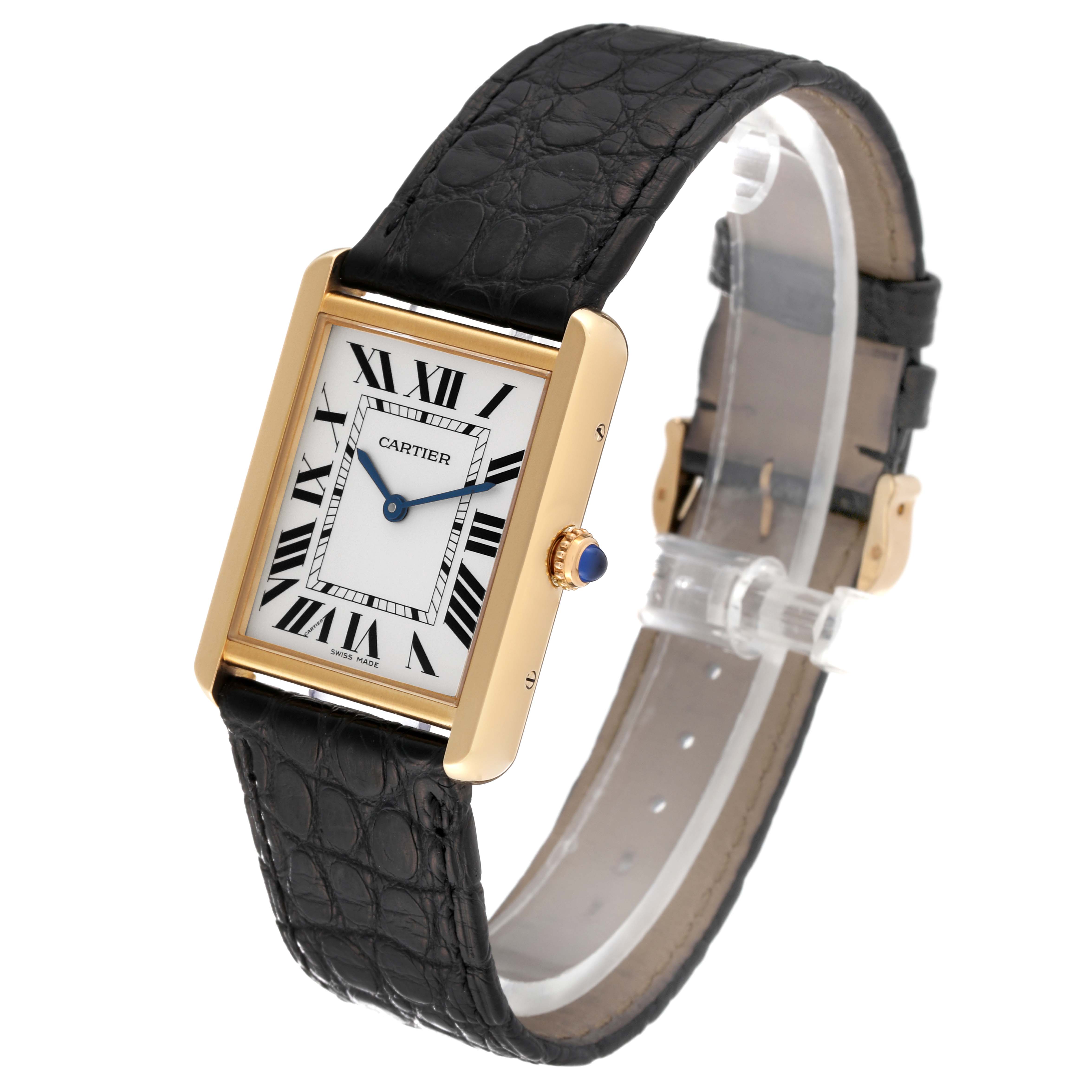 The image shows a Cartier Tank Solo W5200004 Men
s Steel and Gold (two tone) Silver Dial W5200004 Men
s Steel and Gold (two tone) Silver Dial watch at a slight angle, highlighting the rectangular face, black leather strap, and gold casing.