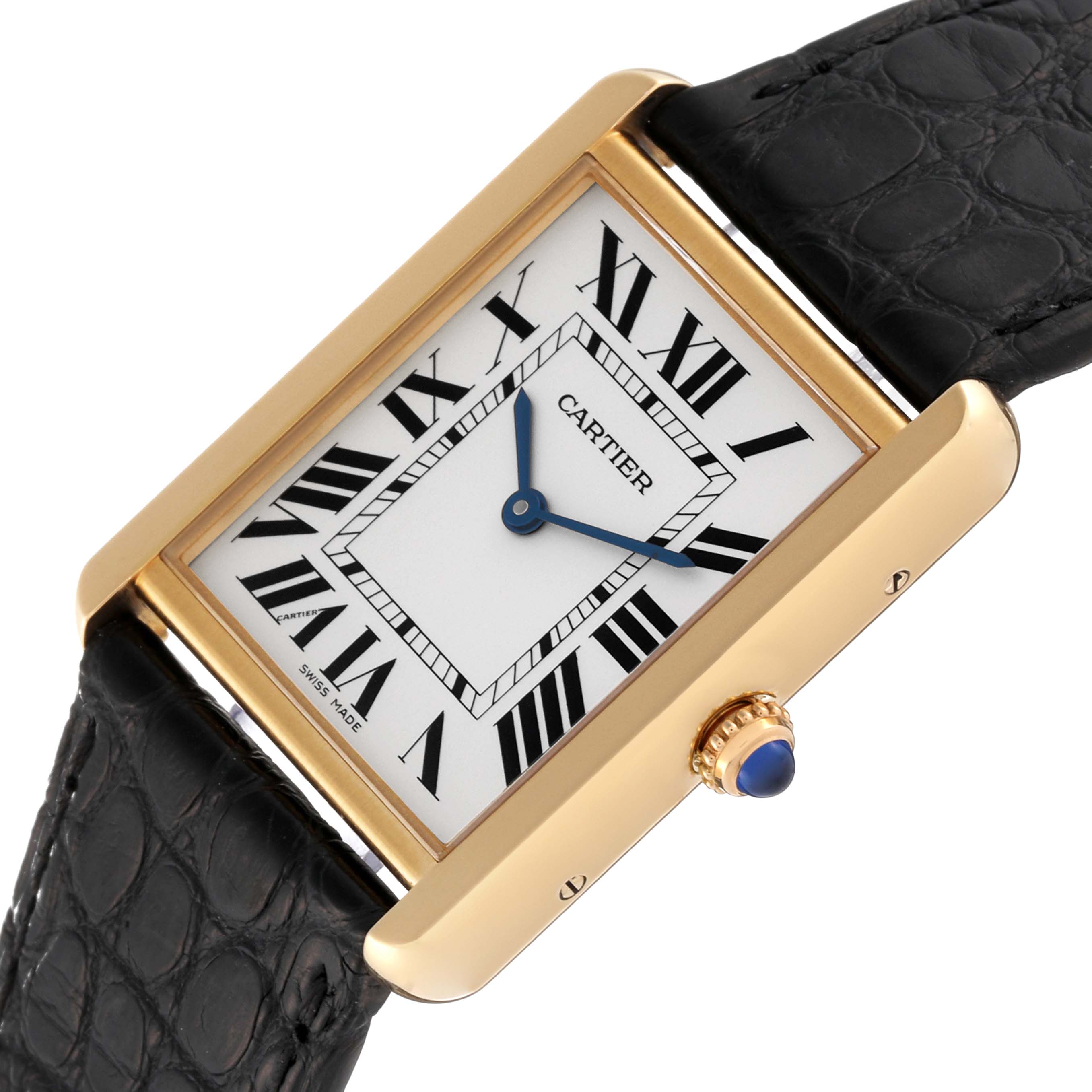 The image shows a close-up angled view of the Cartier Tank Solo W5200004 Men
s Steel and Gold (two tone) Silver Dial W5200004 Men
s Steel and Gold (two tone) Silver Dial watch, highlighting its dial, Roman numerals, and leather strap.