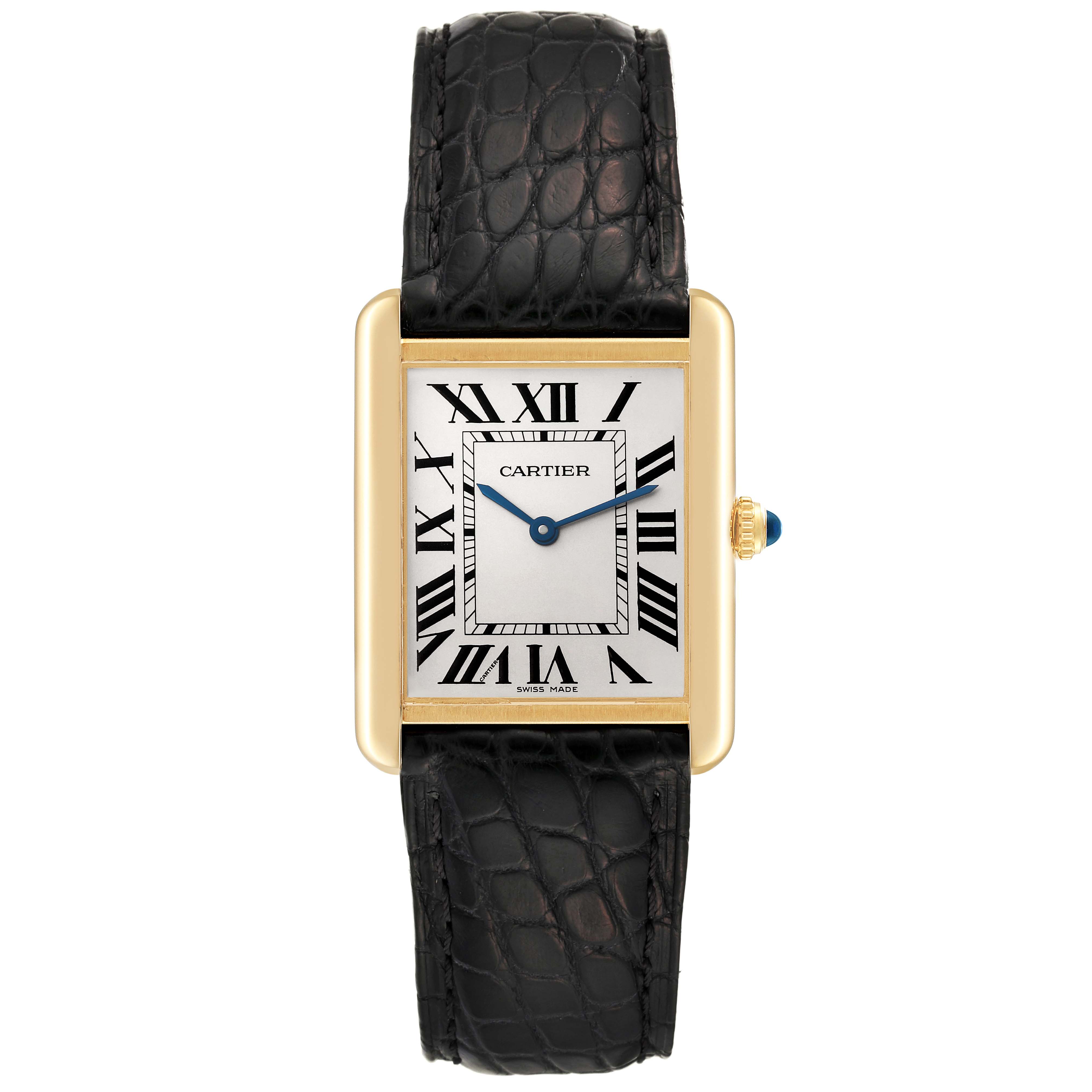 The image shows a Cartier Tank Solo W5200004 Men
s Steel and Gold (two tone) Silver Dial W5200004 Men
s Steel and Gold (two tone) Silver Dial watch from a front view, highlighting its rectangular dial, Roman numerals, and black leather strap.
