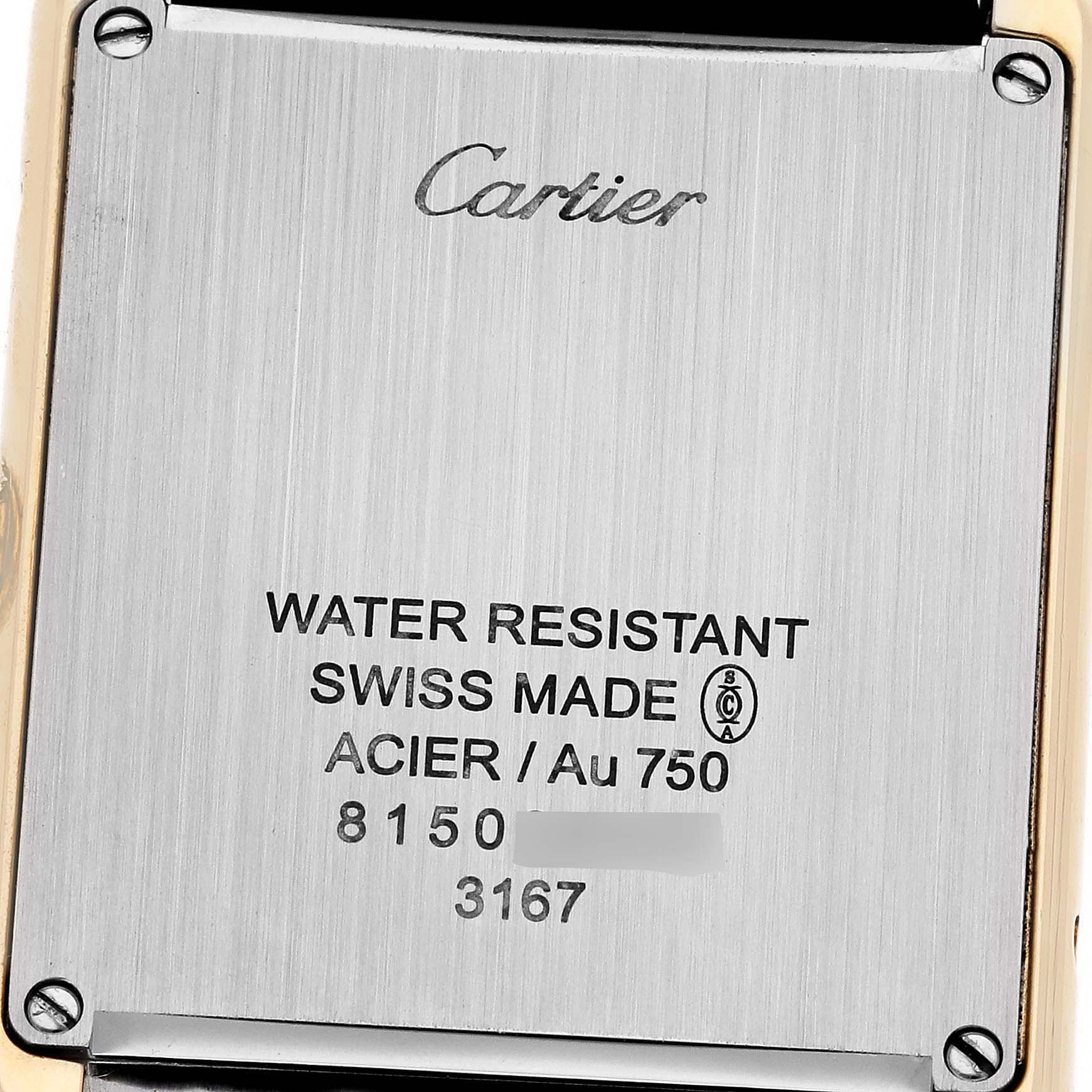 This image shows the back case of the Cartier Tank Solo W5200004 Men
s Steel and Gold (two tone) Silver Dial W5200004 Men
s Steel and Gold (two tone) Silver Dial watch, detailing its engravings and water resistance.