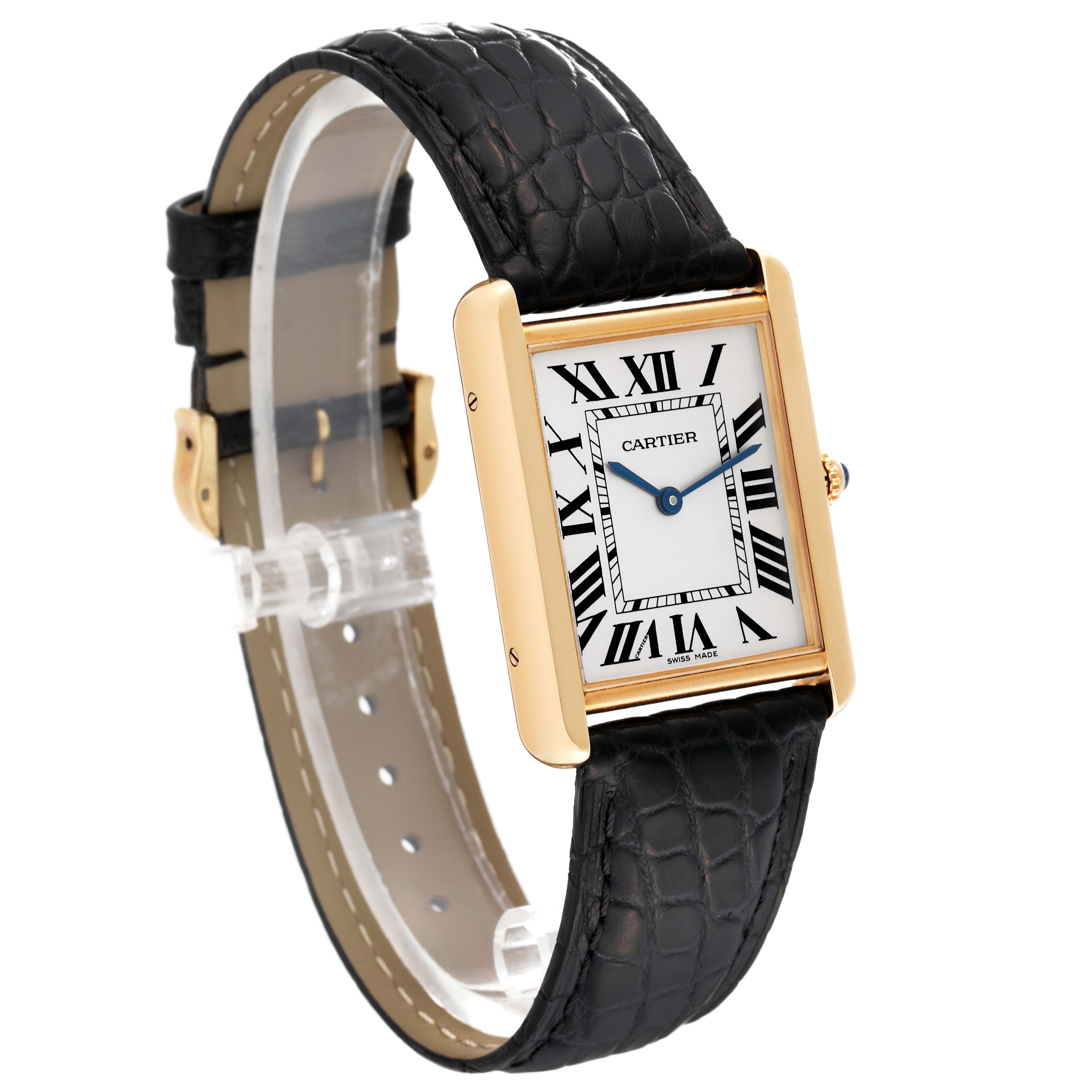 The image shows a Cartier Tank Solo W5200004 Men
s Steel and Gold (two tone) Silver Dial W5200004 Men
s Steel and Gold (two tone) Silver Dial watch with a rectangular face, Roman numerals, and a black leather strap viewed at a three-quarter angle.