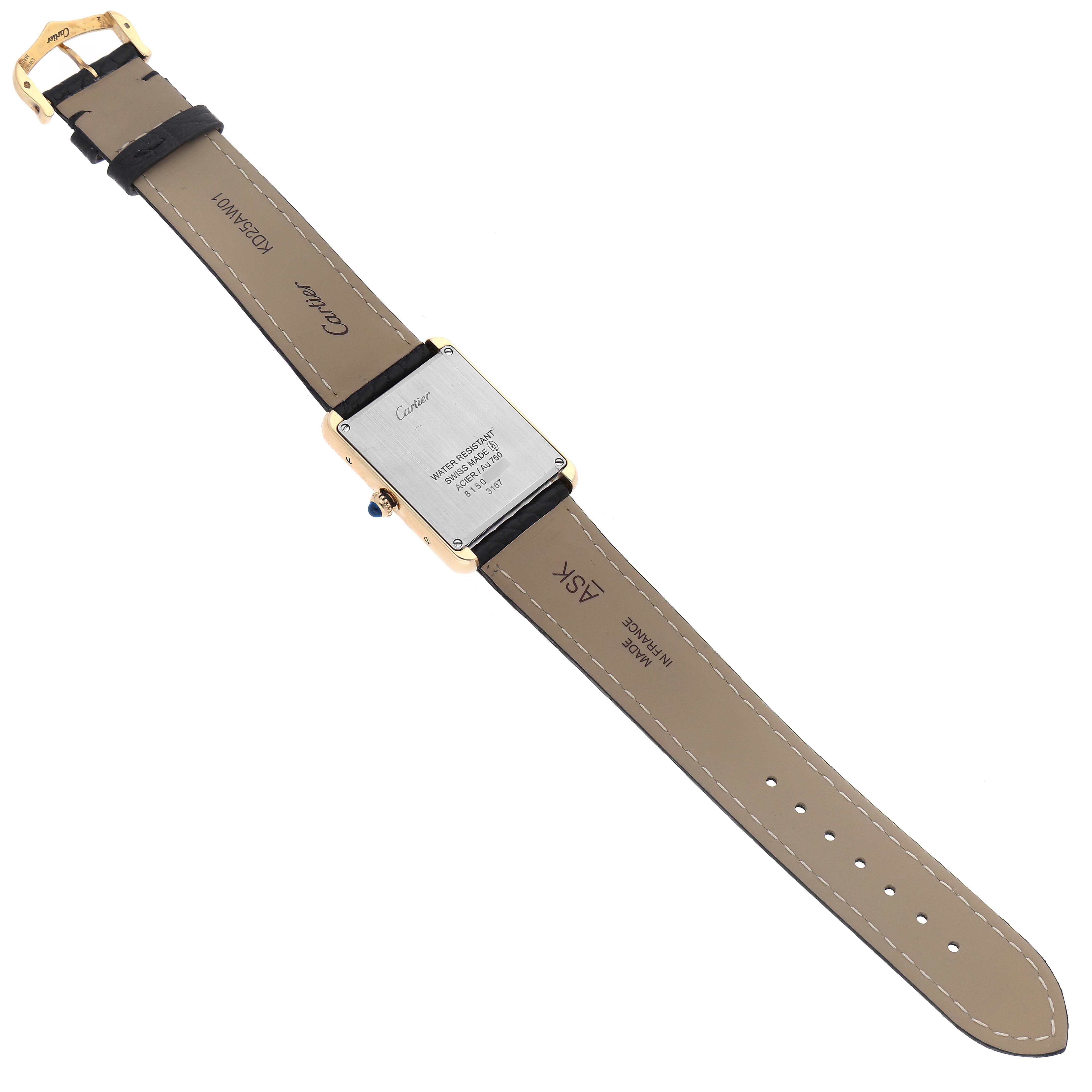 The image shows the back of a Cartier Tank Solo W5200004 Men
s Steel and Gold (two tone) Silver Dial W5200004 Men
s Steel and Gold (two tone) Silver Dial watch, including the case back, leather strap, and buckle, from a top-down angle.