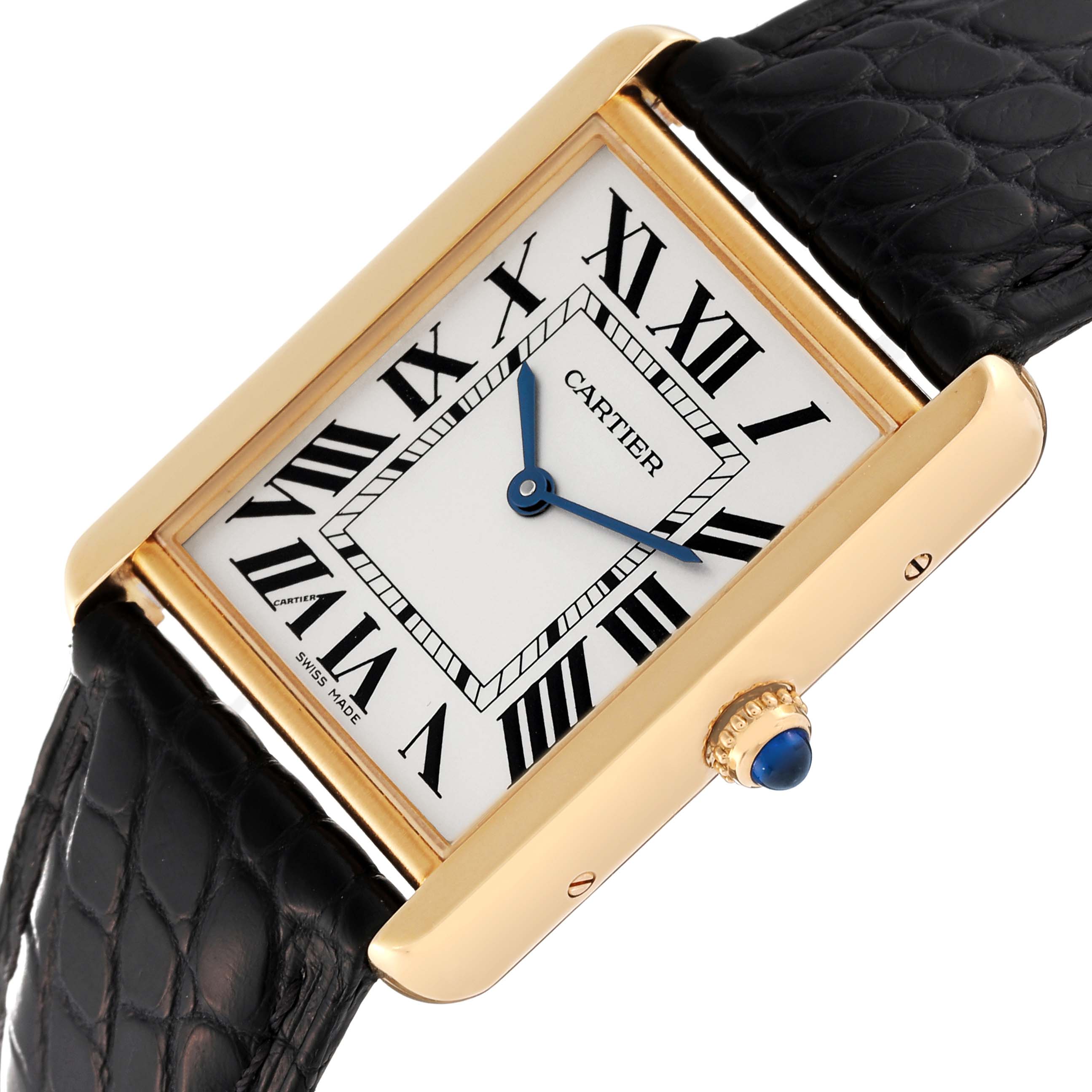 The image shows a Cartier Tank Solo W5200004 Men
s Steel and Gold (two tone) Silver Dial W5200004 Men
s Steel and Gold (two tone) Silver Dial watch at a slight angle, highlighting the rectangular face, Roman numerals, and crown with a blue cabochon.