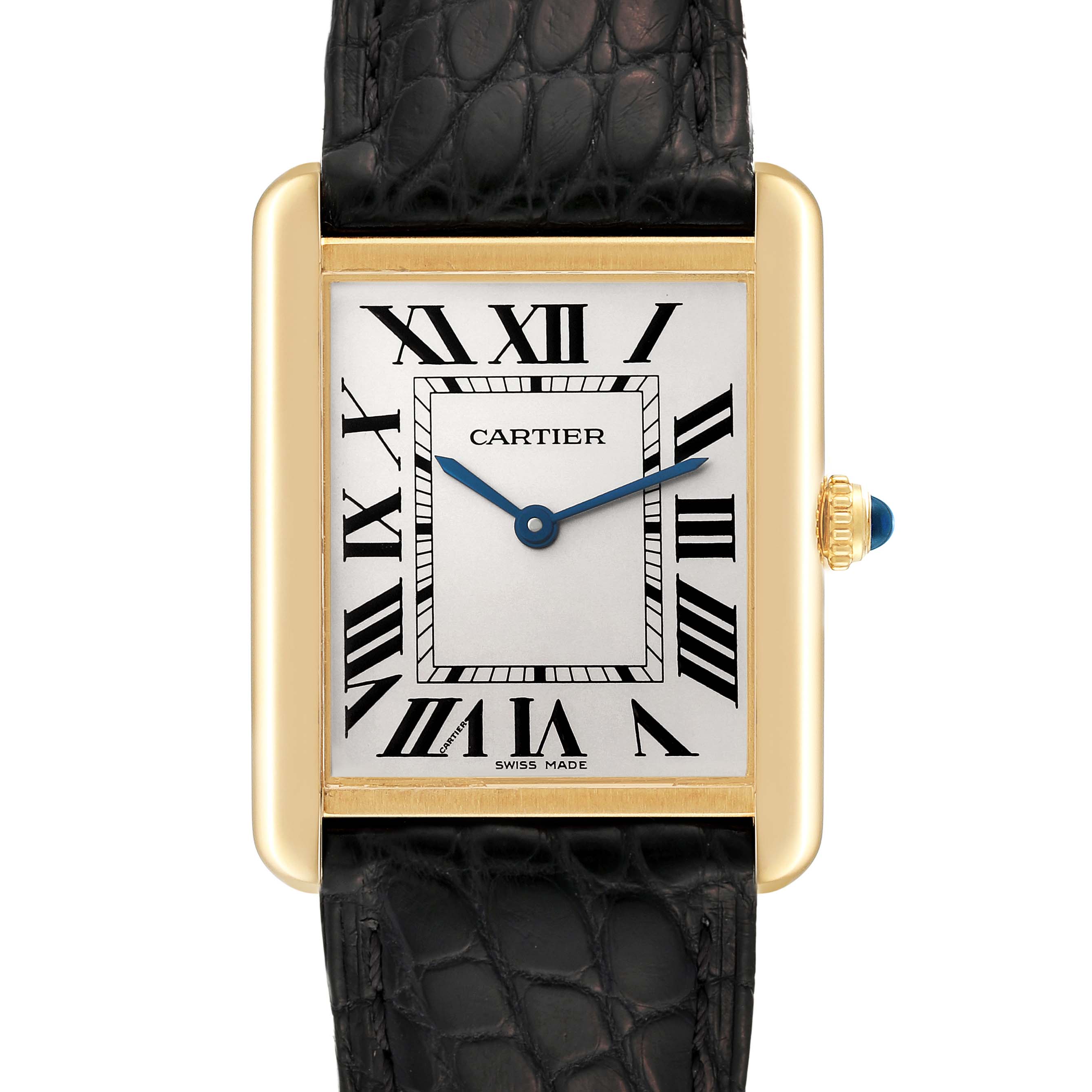 This image shows a front view of the Cartier Tank Solo W5200004 Men
s Steel and Gold (two tone) Silver Dial W5200004 Men
s Steel and Gold (two tone) Silver Dial watch, featuring its rectangular face, Roman numerals, and black leather strap.
