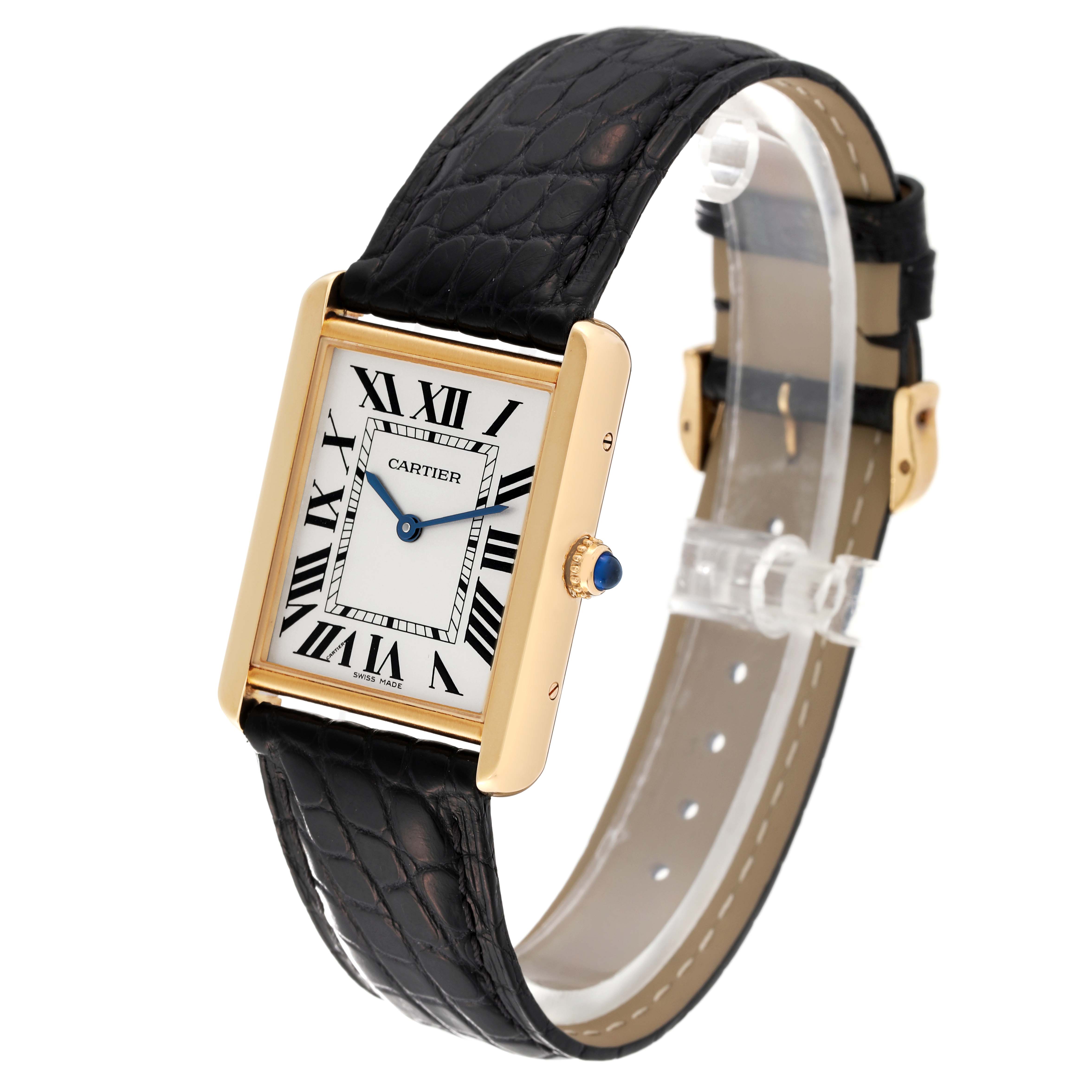The image shows a Cartier Tank Solo W5200004 Men
s Steel and Gold (two tone) Silver Dial W5200004 Men
s Steel and Gold (two tone) Silver Dial watch from a front-left angle, featuring a rectangular dial, Roman numerals, and a black leather strap.
