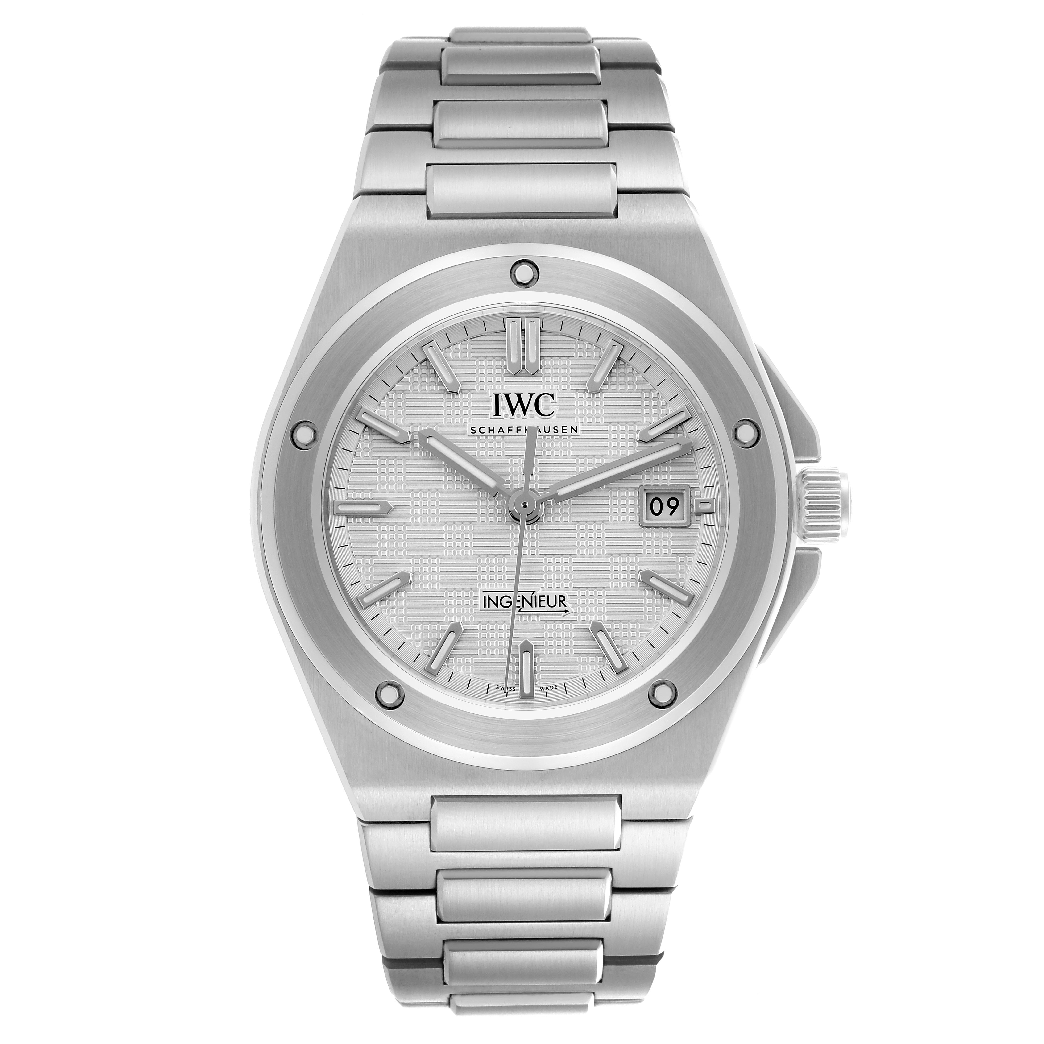 The IWC Ingenieur IW328902 Men's Stainless Steel Silver Dial IW328902 Men's Stainless Steel Silver Dial watch is shown from a front view, displaying its face, bezel, and metal bracelet.