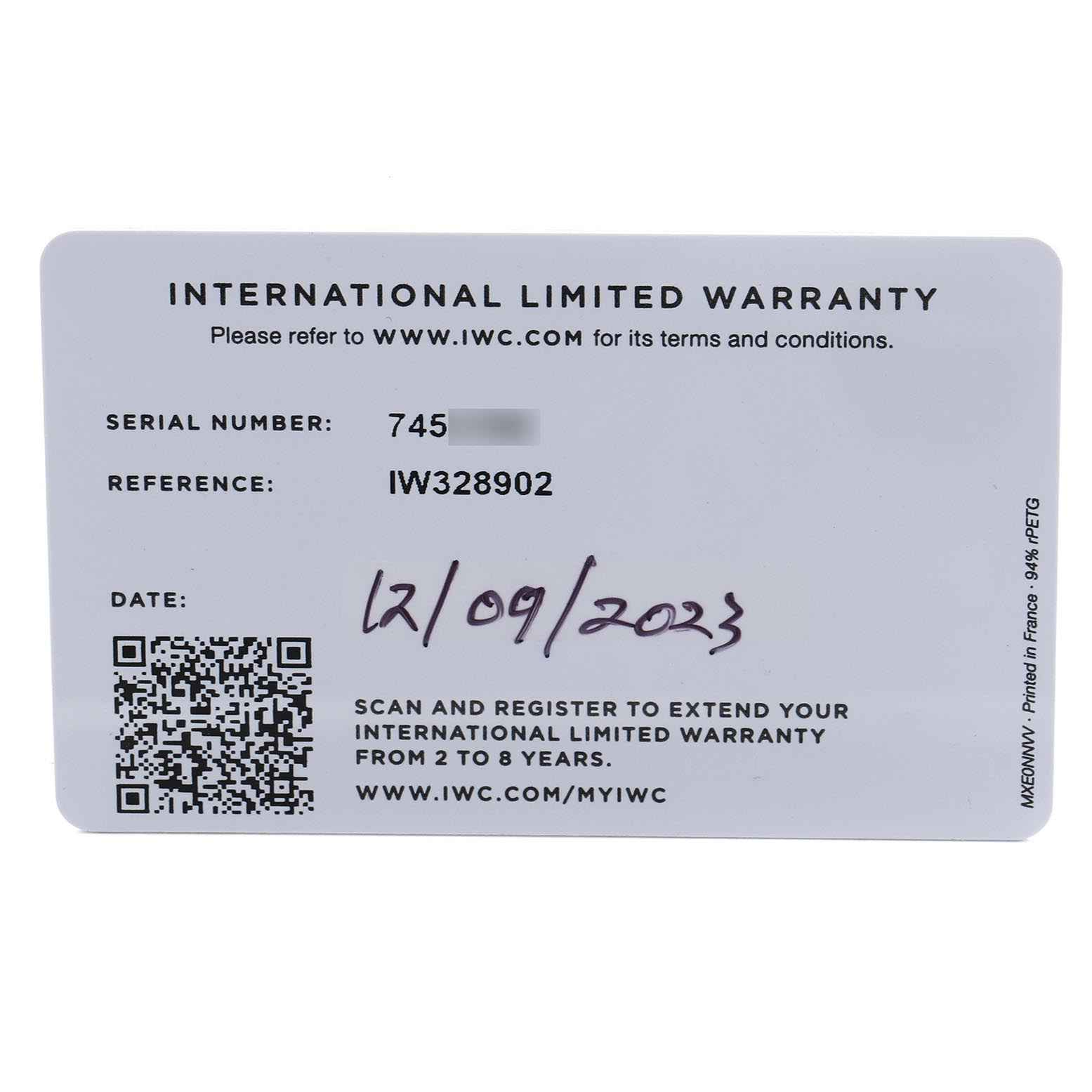 This image shows the IWC Ingenieur IW328902 Men's Stainless Steel Silver Dial IW328902 Men's Stainless Steel Silver Dial model's international limited warranty card.