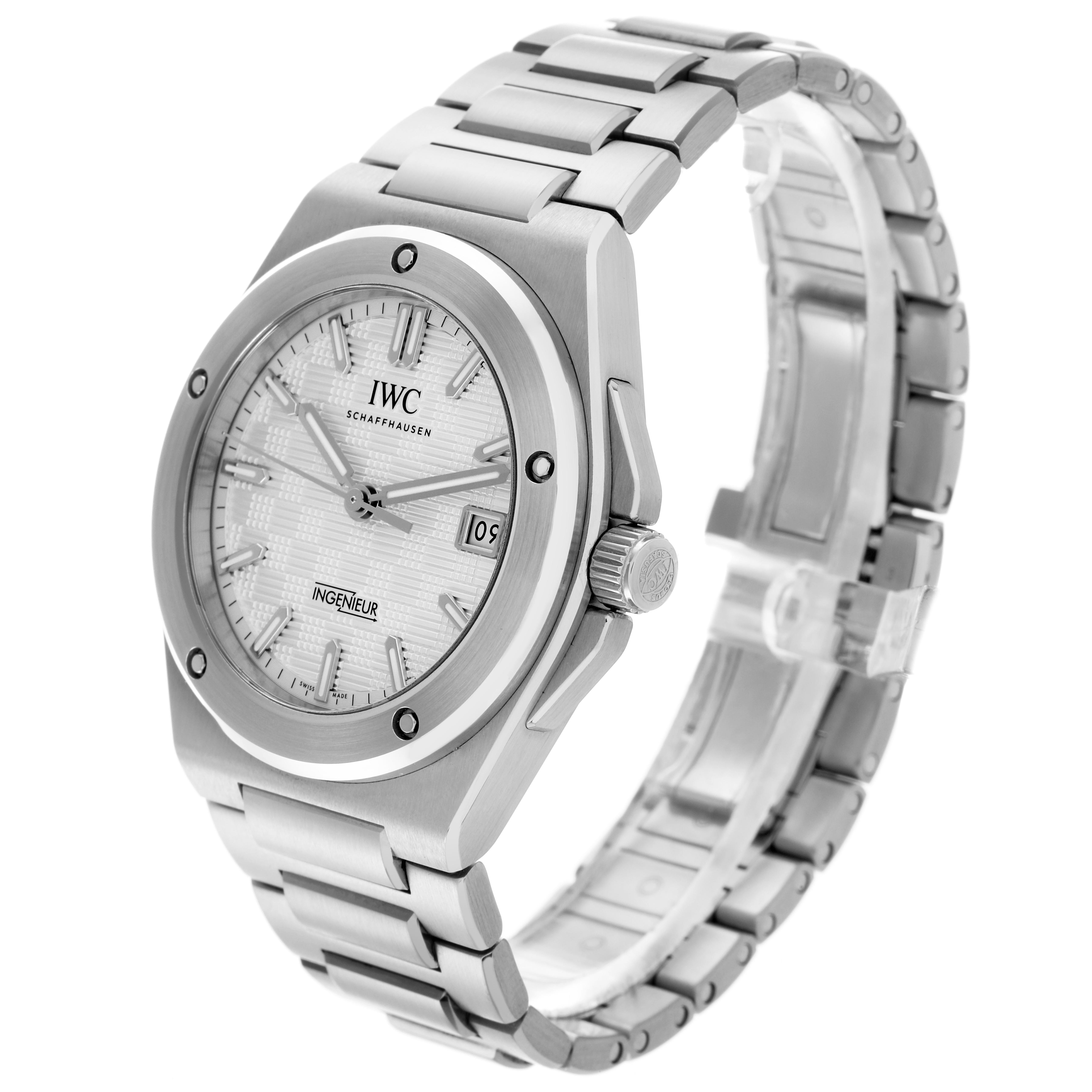 The IWC Ingenieur IW328902 Men's Stainless Steel Silver Dial IW328902 Men's Stainless Steel Silver Dial watch is shown in a three-quarter angle, displaying the face, bezel, crown, and bracelet.
