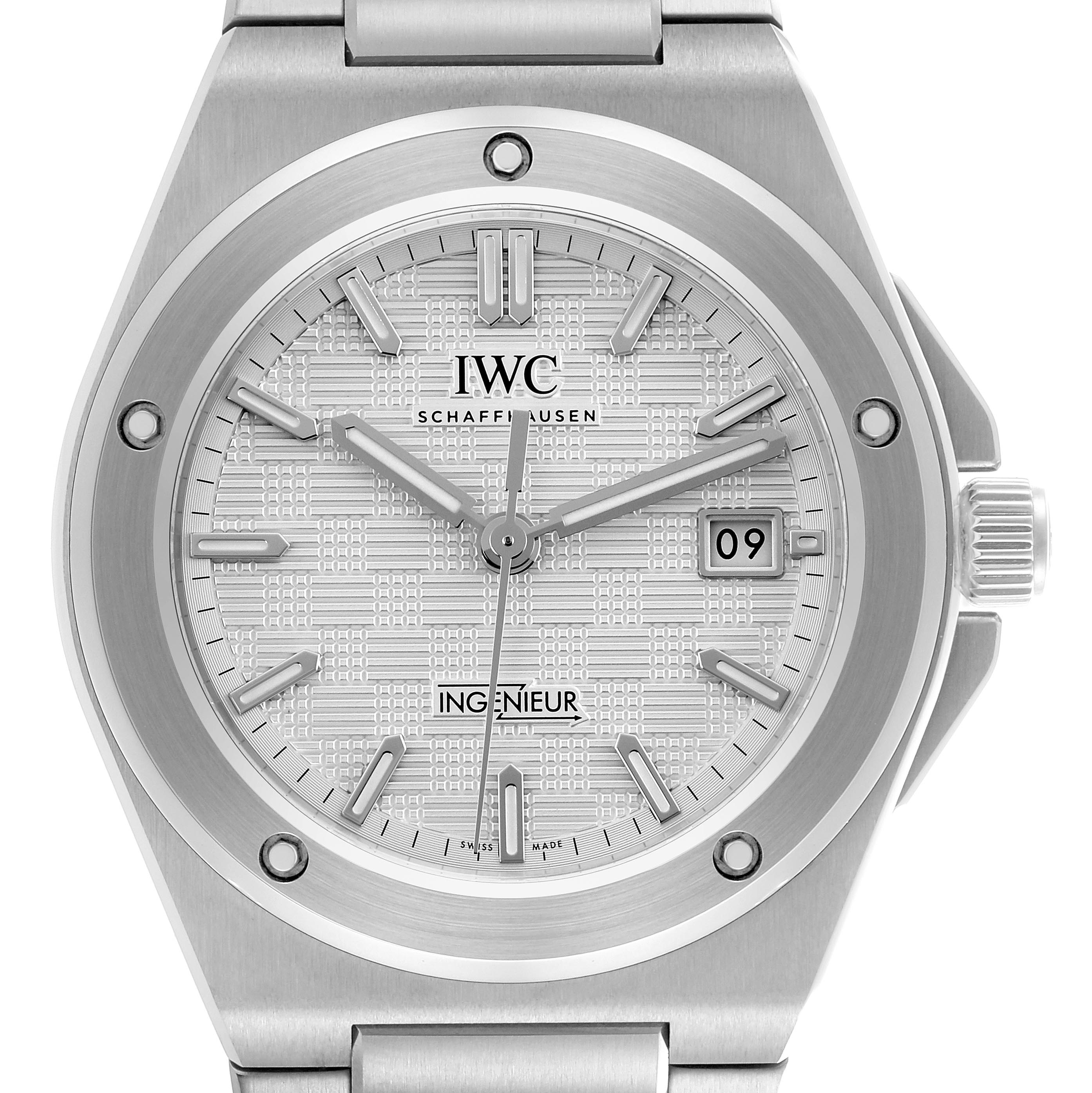The IWC Ingenieur IW328902 Men's Stainless Steel Silver Dial IW328902 Men's Stainless Steel Silver Dial watch is shown from a front angle, displaying the dial, bezel, indices, date window, and a part of the bracelet.