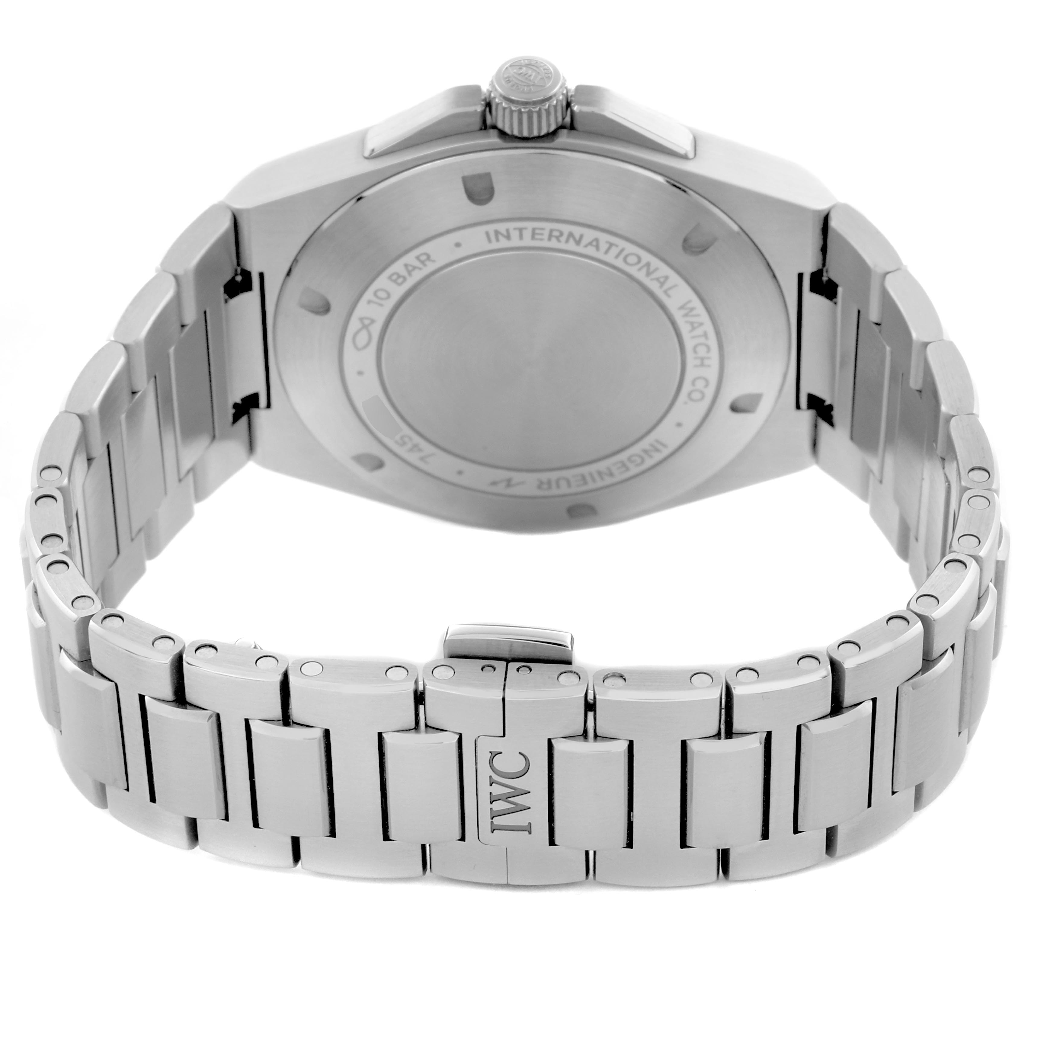 The image shows the back of the IWC Ingenieur IW328902 Men's Stainless Steel Silver Dial IW328902 Men's Stainless Steel Silver Dial watch, including the bracelet and clasp.