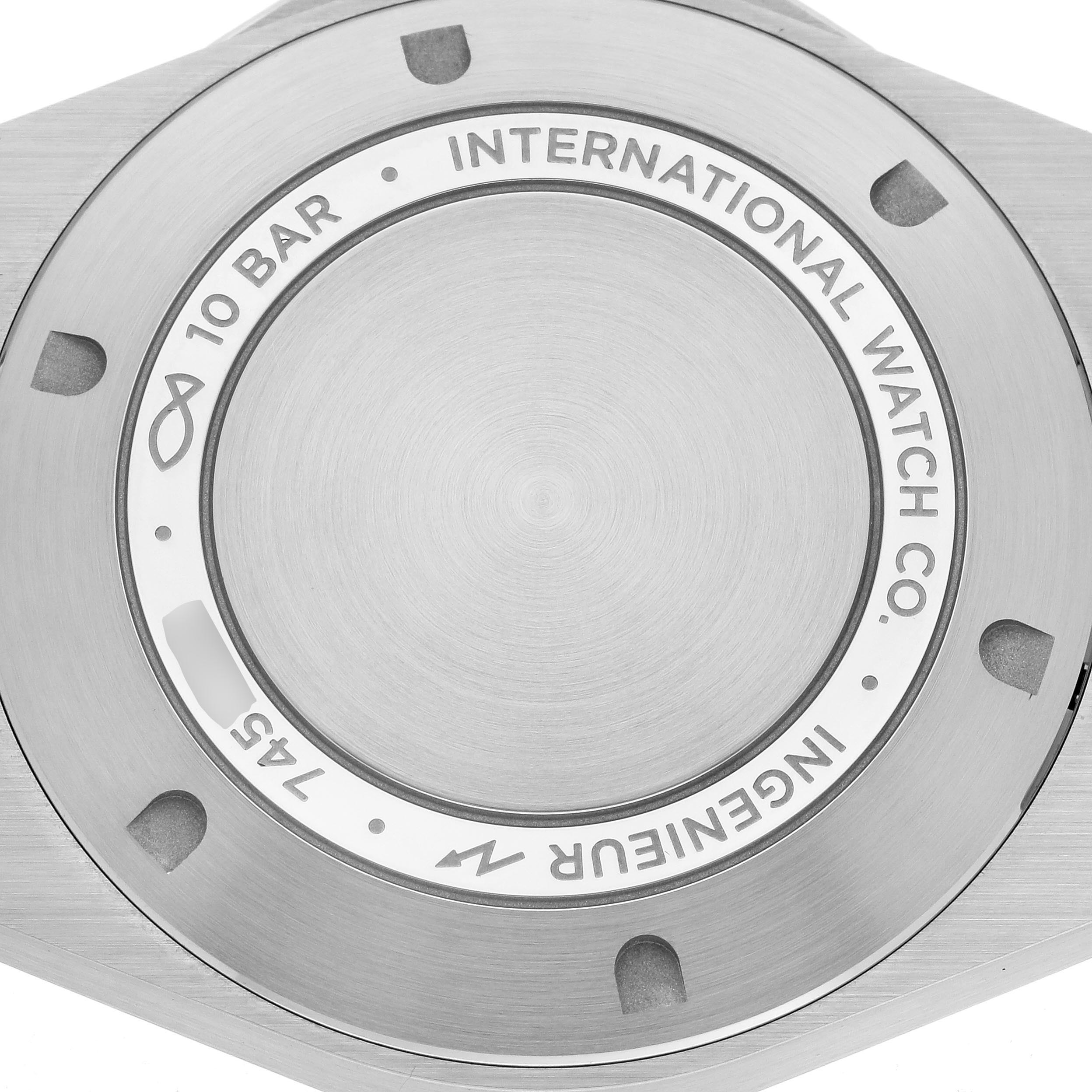 The image shows the back case of the IWC Ingenieur IW328902 Men's Stainless Steel Silver Dial IW328902 Men's Stainless Steel Silver Dial watch, highlighting its branding and water resistance details.