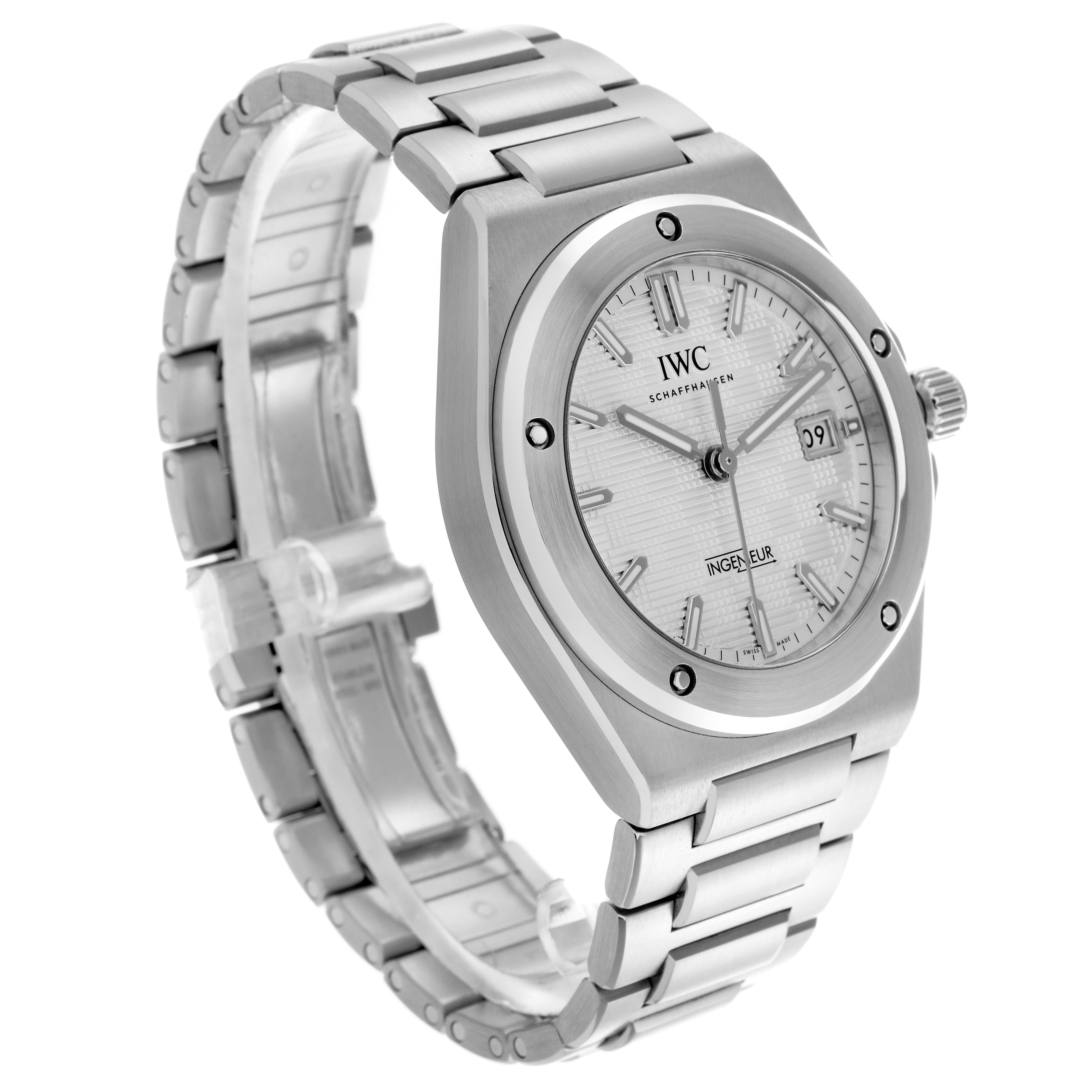 The IWC Ingenieur IW328902 Men's Stainless Steel Silver Dial IW328902 Men's Stainless Steel Silver Dial watch is shown at an angle highlighting its face, bezel, crown, and stainless steel bracelet.