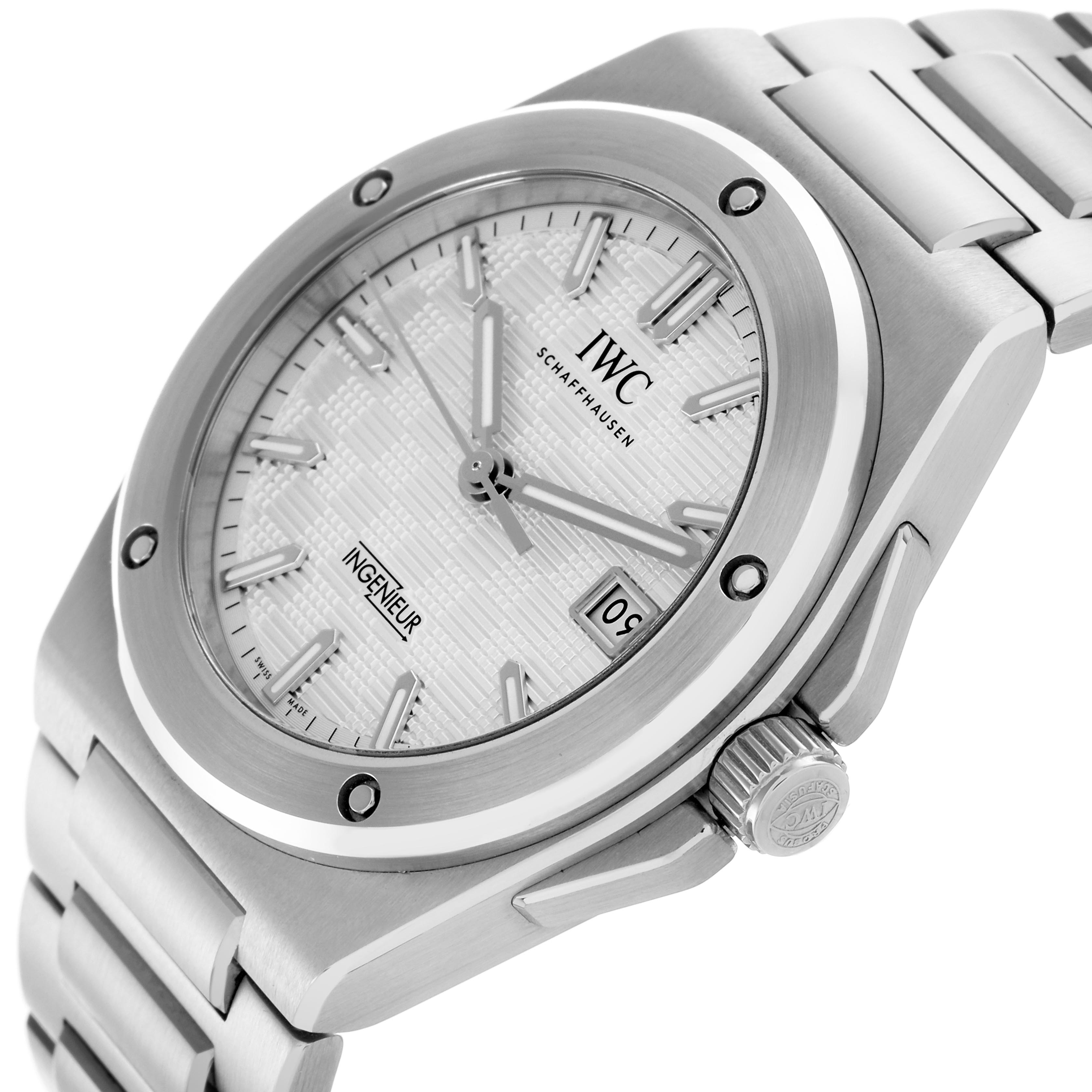 The IWC Ingenieur IW328902 Men's Stainless Steel Silver Dial IW328902 Men's Stainless Steel Silver Dial watch is shown at an angled close-up, highlighting its dial, bezel, crown, and part of the bracelet.