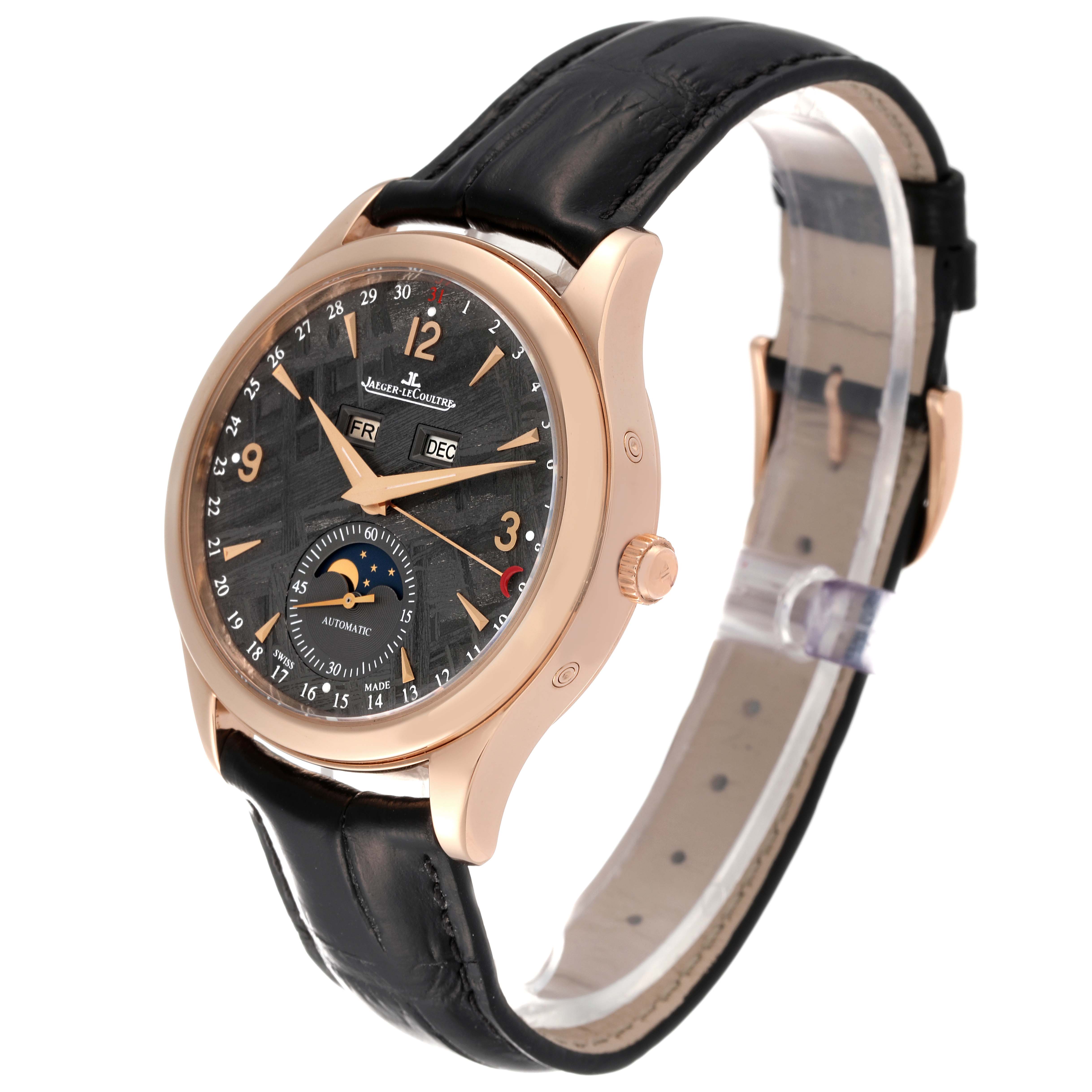 The Jaeger LeCoultre Master Q1552540 Men's Rose Gold Silver Dial Q1552540 Men's Rose Gold Silver Dial model watch is shown at a three-quarter angle, highlighting the dial, bezel, crown, and leather strap.