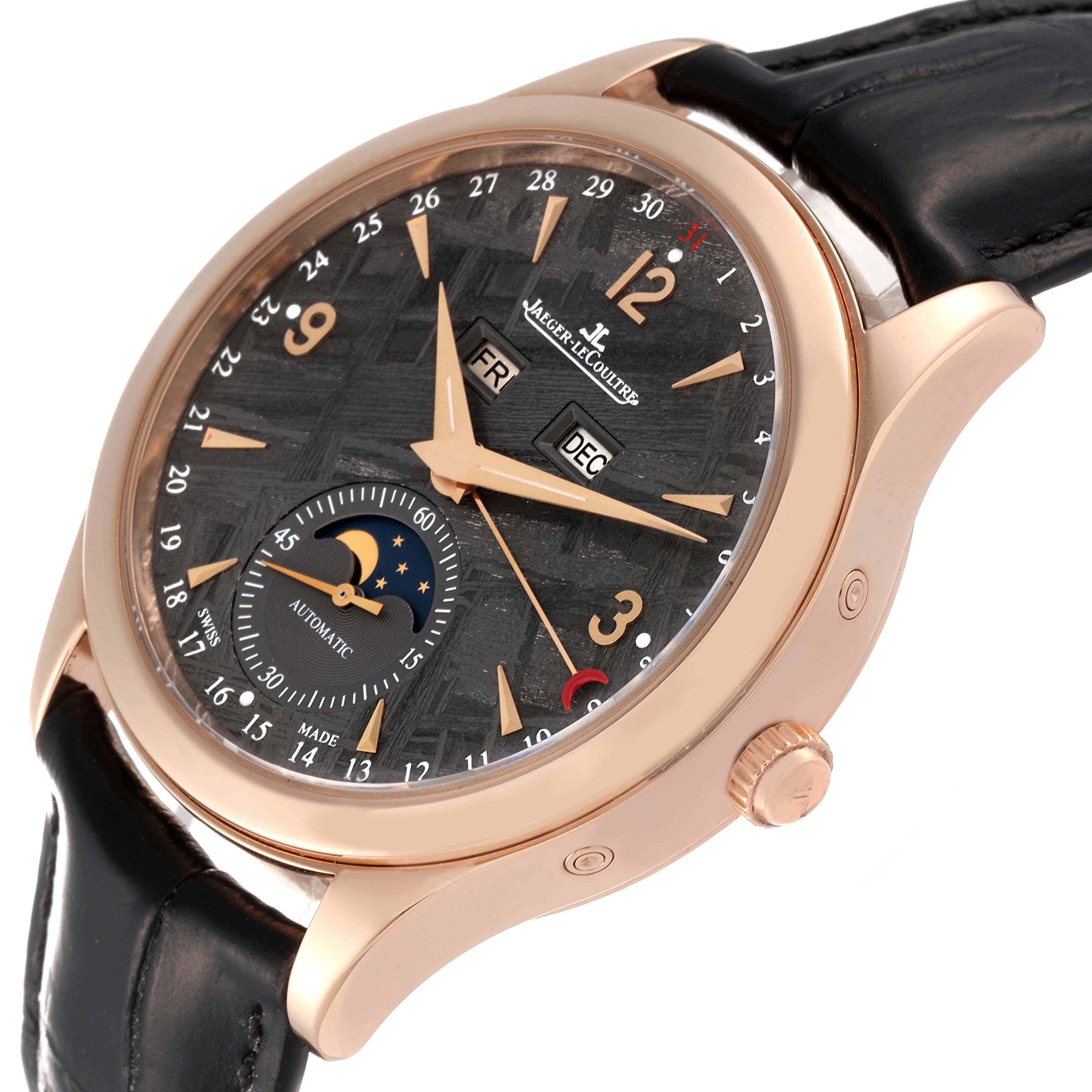 The Jaeger LeCoultre Master Q1552540 Men's Rose Gold Silver Dial Q1552540 Men's Rose Gold Silver Dial model watch is shown at an angled view, highlighting its dial, bezel, crown, and black leather strap.