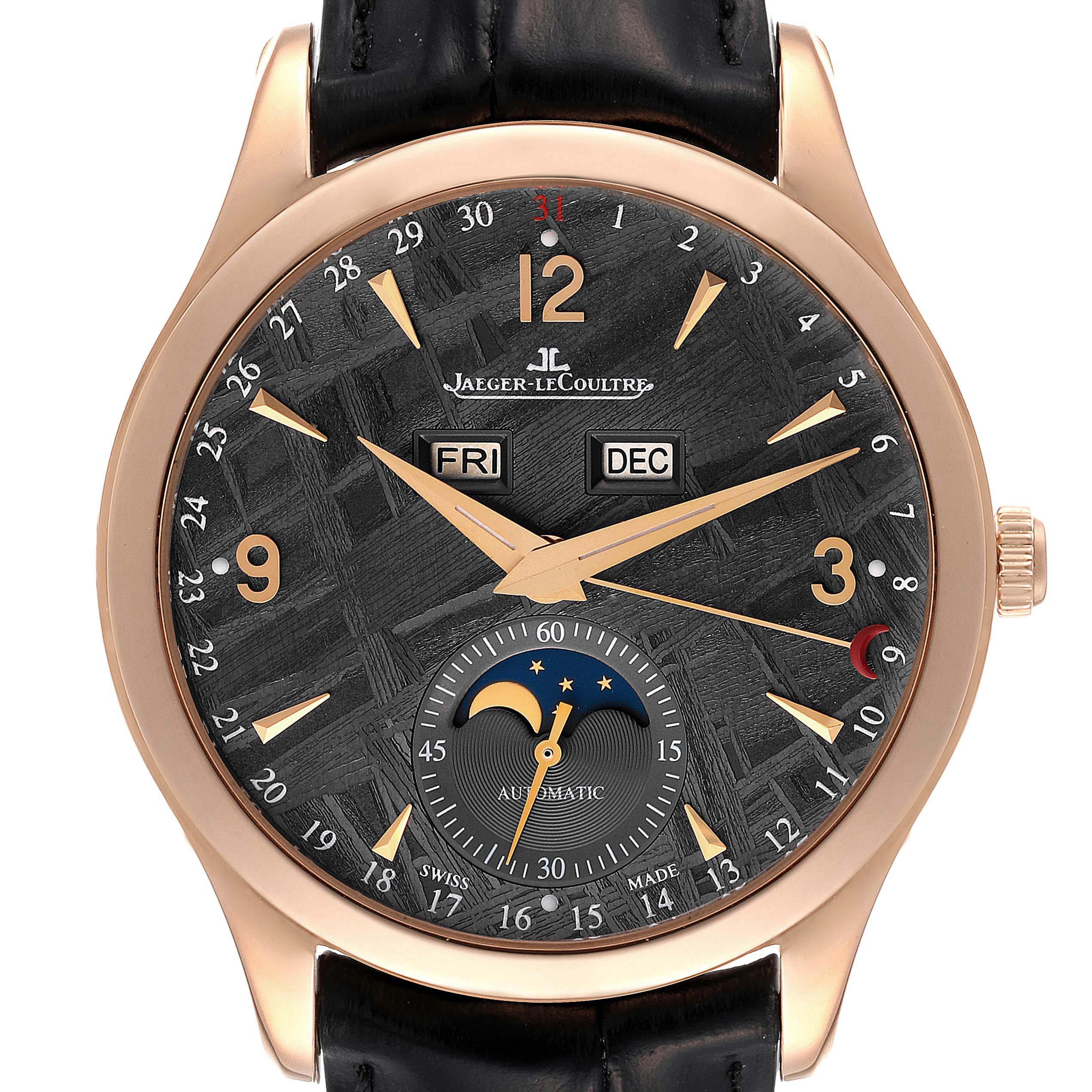 This image shows a front view of the Jaeger-LeCoultre Master model watch, displaying its face, hands, and date indicators.