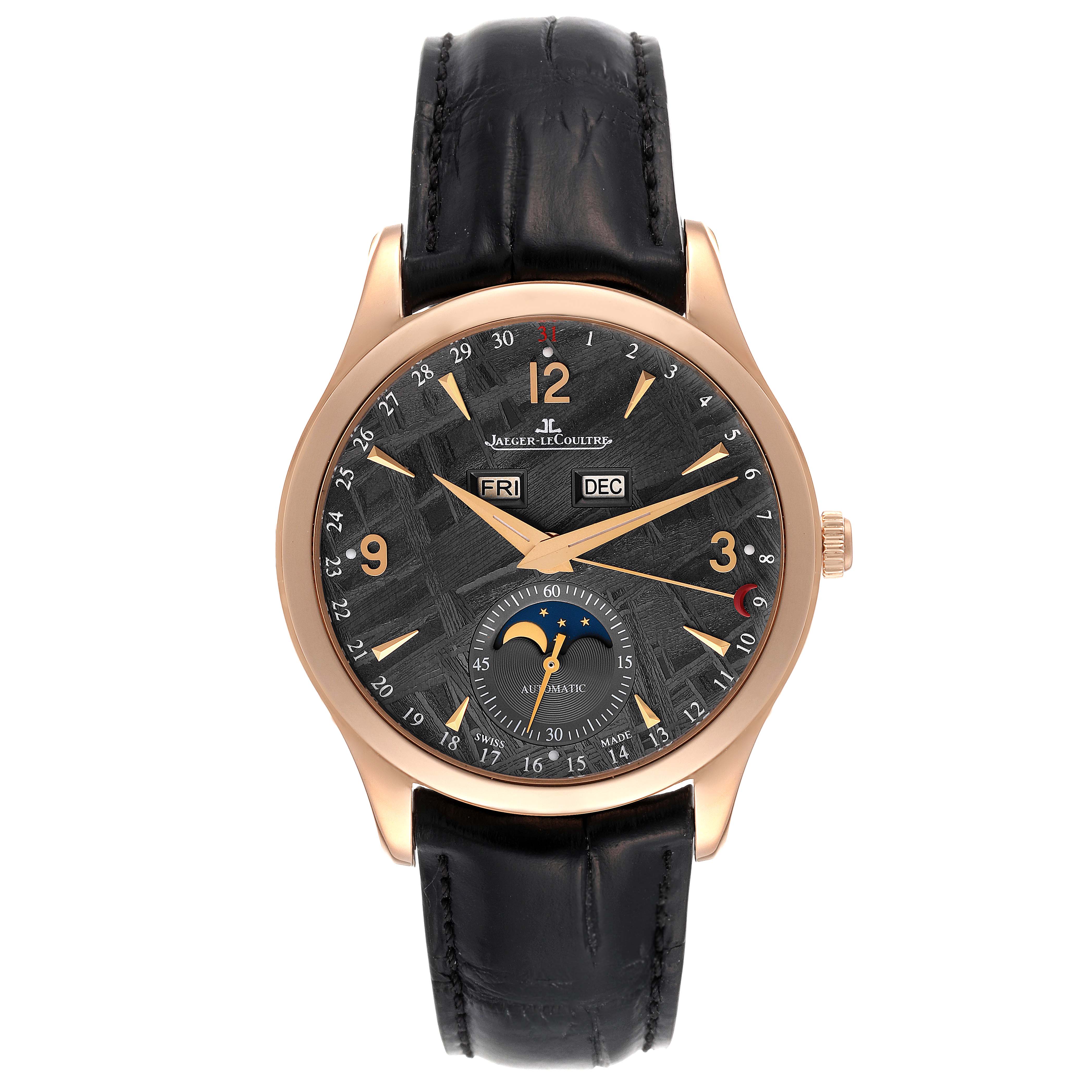 The image shows the front view of a Jaeger-LeCoultre Master model watch with a black leather strap and a detailed dial.
