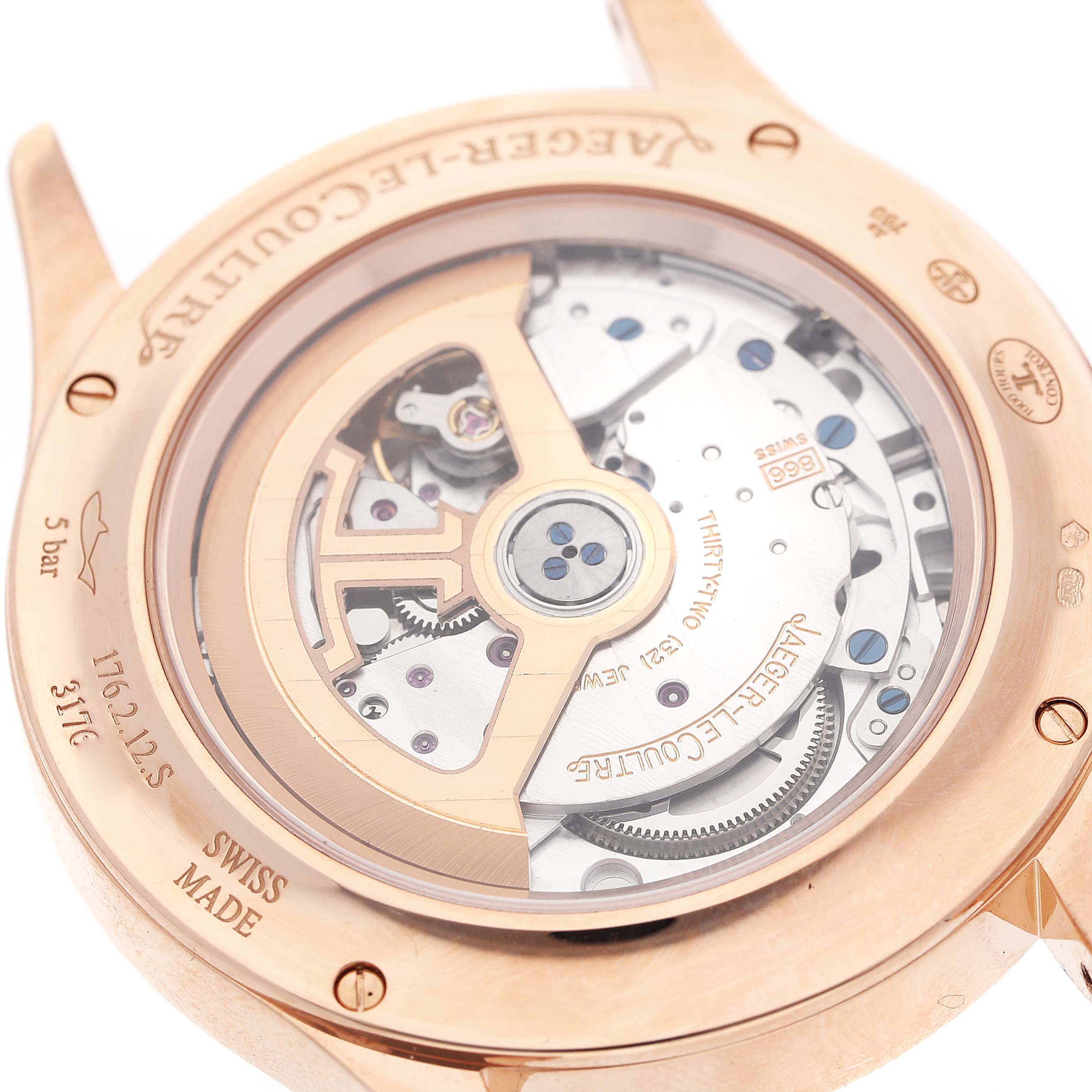 The image shows the back view of the Jaeger LeCoultre Master Q1552540 Men's Rose Gold Silver Dial Q1552540 Men's Rose Gold Silver Dial model watch, highlighting the movement and rotor mechanisms.