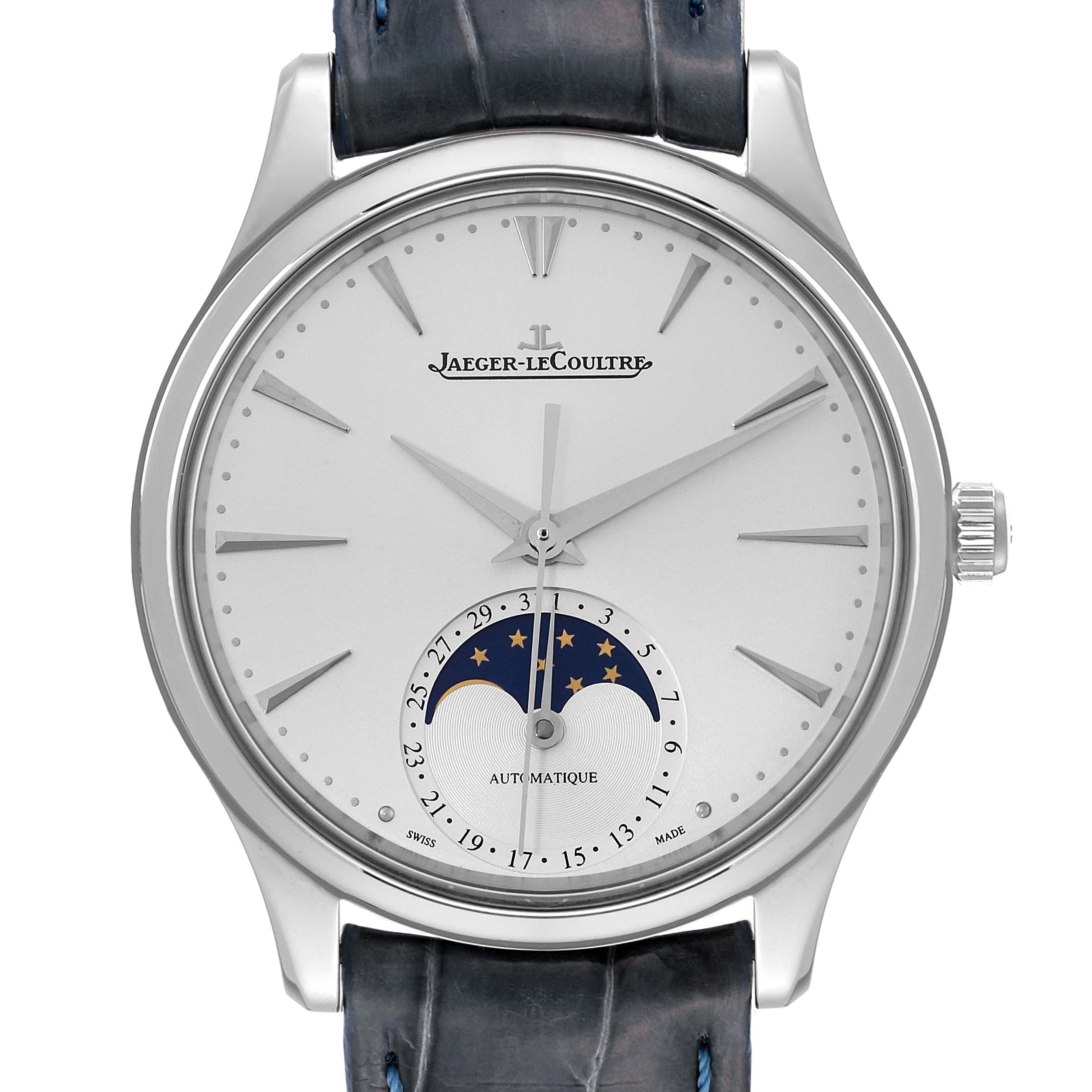 The image shows a front view of the Jaeger-LeCoultre Master model watch, highlighting its dial and moon phase complication.