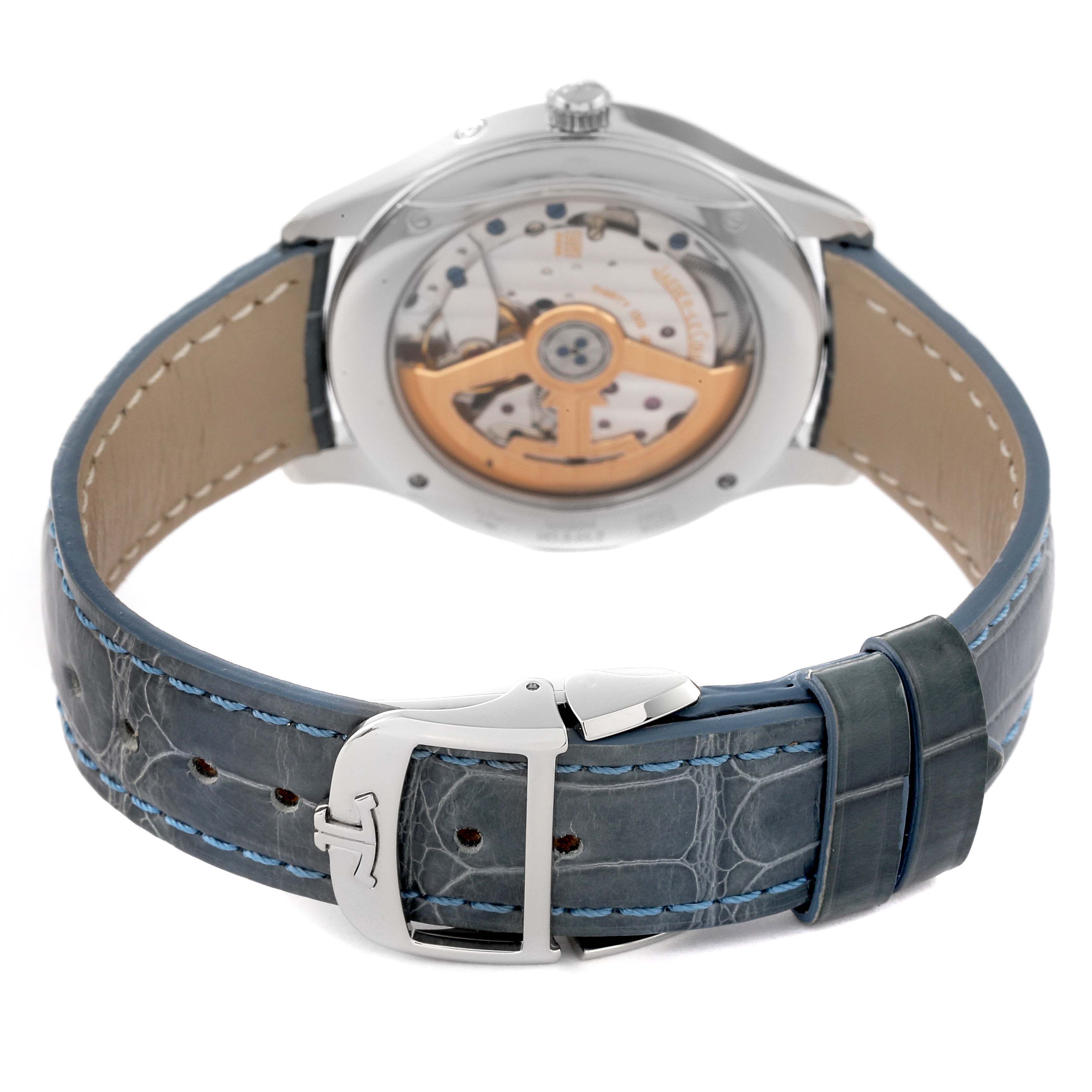 The image shows the back view of the Jaeger-LeCoultre Master model, highlighting its open case back and leather strap with a buckle.