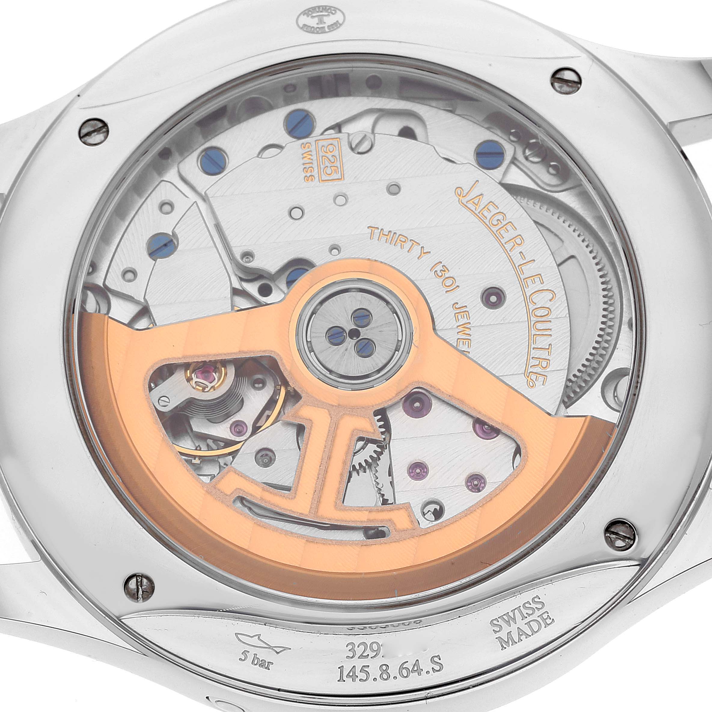 The image shows the back view of the Jaeger-LeCoultre Master model watch, highlighting its intricate movement mechanism.
